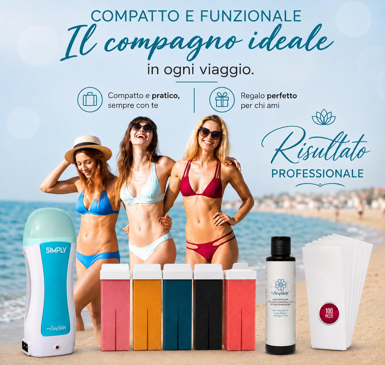 Kit Wachserhitzer mit professioneller Rolle – enthält 5 Nachfüllpackungen für Wachswalzen, fettlöslich, Schwarz, Aloe, Rose, Argan, Schnurrbart + Anyskin Afterwax Öl 100 ml und TNT