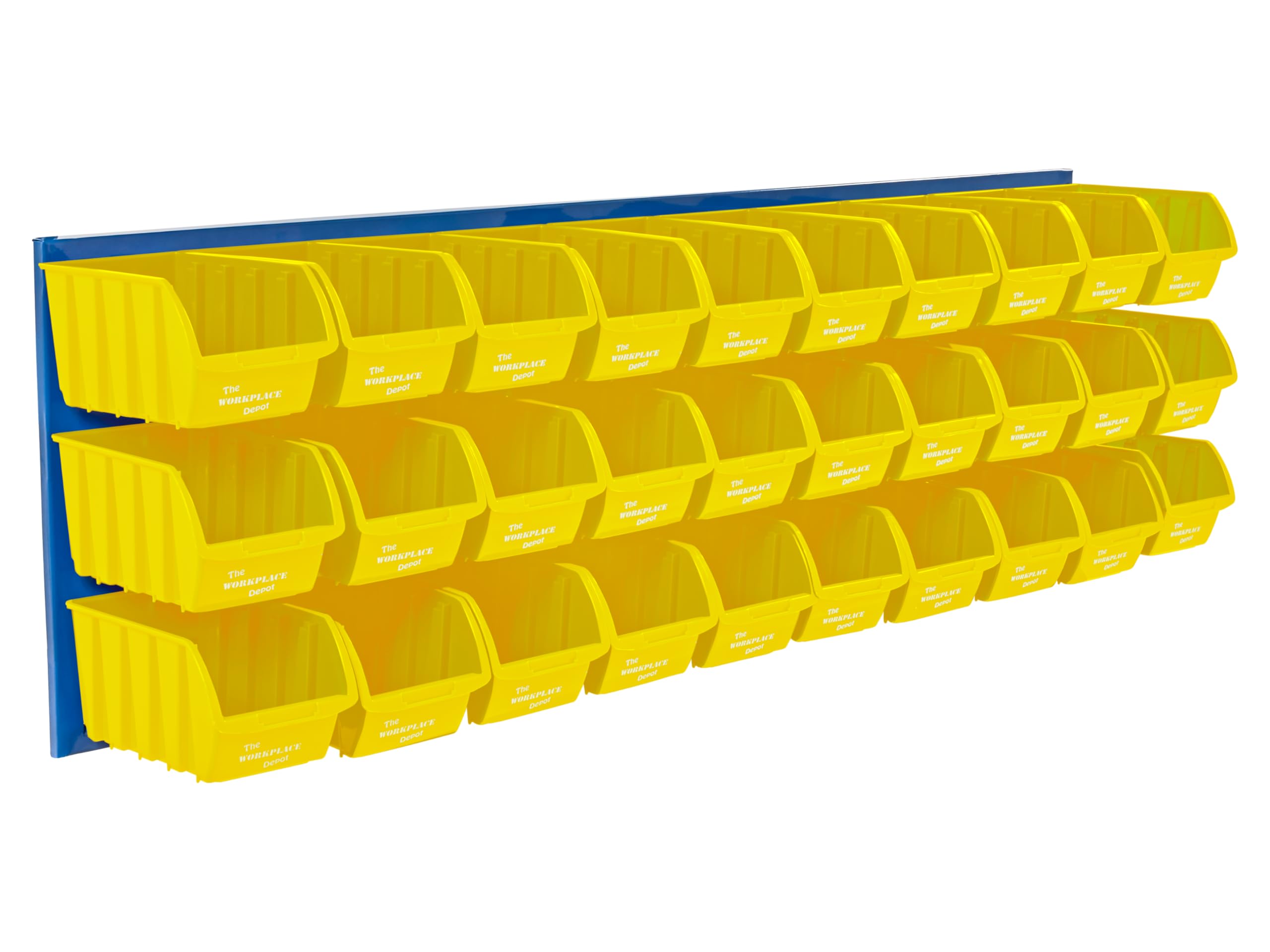 The Workplace Depot Louvre Panel & Bins Kit – Steel Wall-Mounted Storage Organiser 460(H) × 1490(W) mm with Plastic Bins – Ideal Workshop, Garage & Office (Yellow, with x30 Medium Bins)