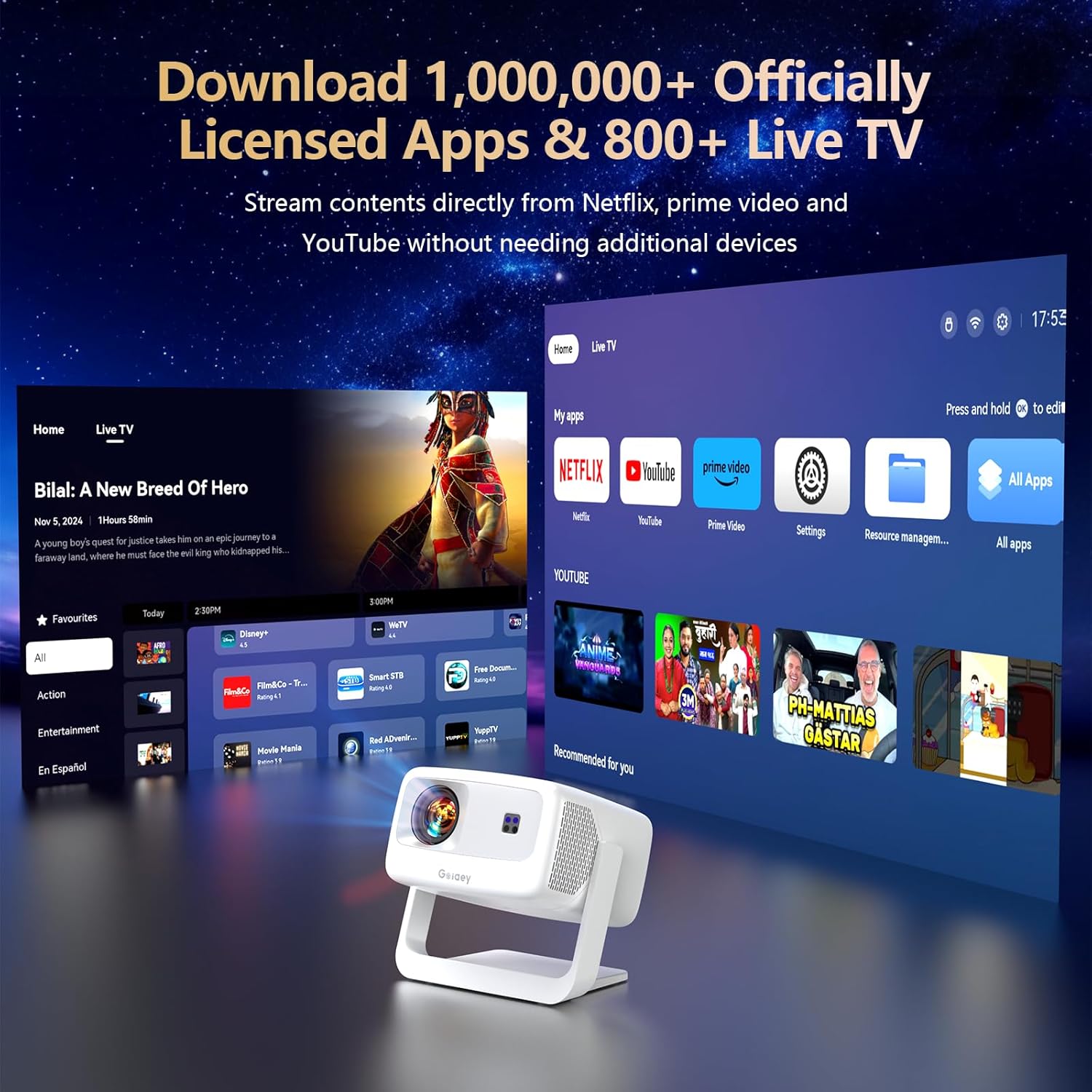 [3000+ Licensed Apps/Live TV/HDR10+/AI Movin 3.0 OS] Smart 4K-Projector with WiFi and Bluetooth, Goiaey Portable Projector with 360°Stand, 50W DoIby Audio, Auto Focus&Keystone, Outdoor Movie Proyector - Image 3