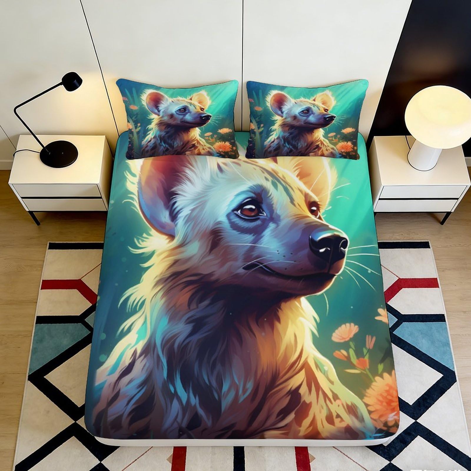 3D Printed Hyena Art Fitted Sheet Microfiber Soft Breathable Wild Nature Bed Cover for Bedroom Decor 90x200x25cm