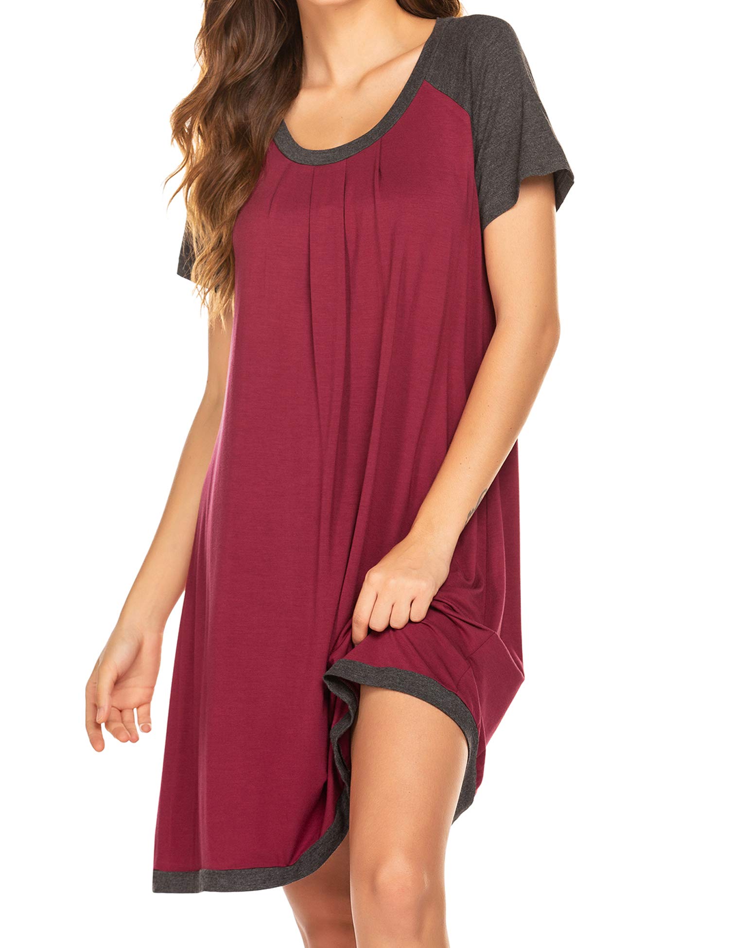 Womens Nightshirt Short Sleeve Nightgown Soft Comfy Sleep Shirts Pleated Scoopneck Night Dress S-XXL