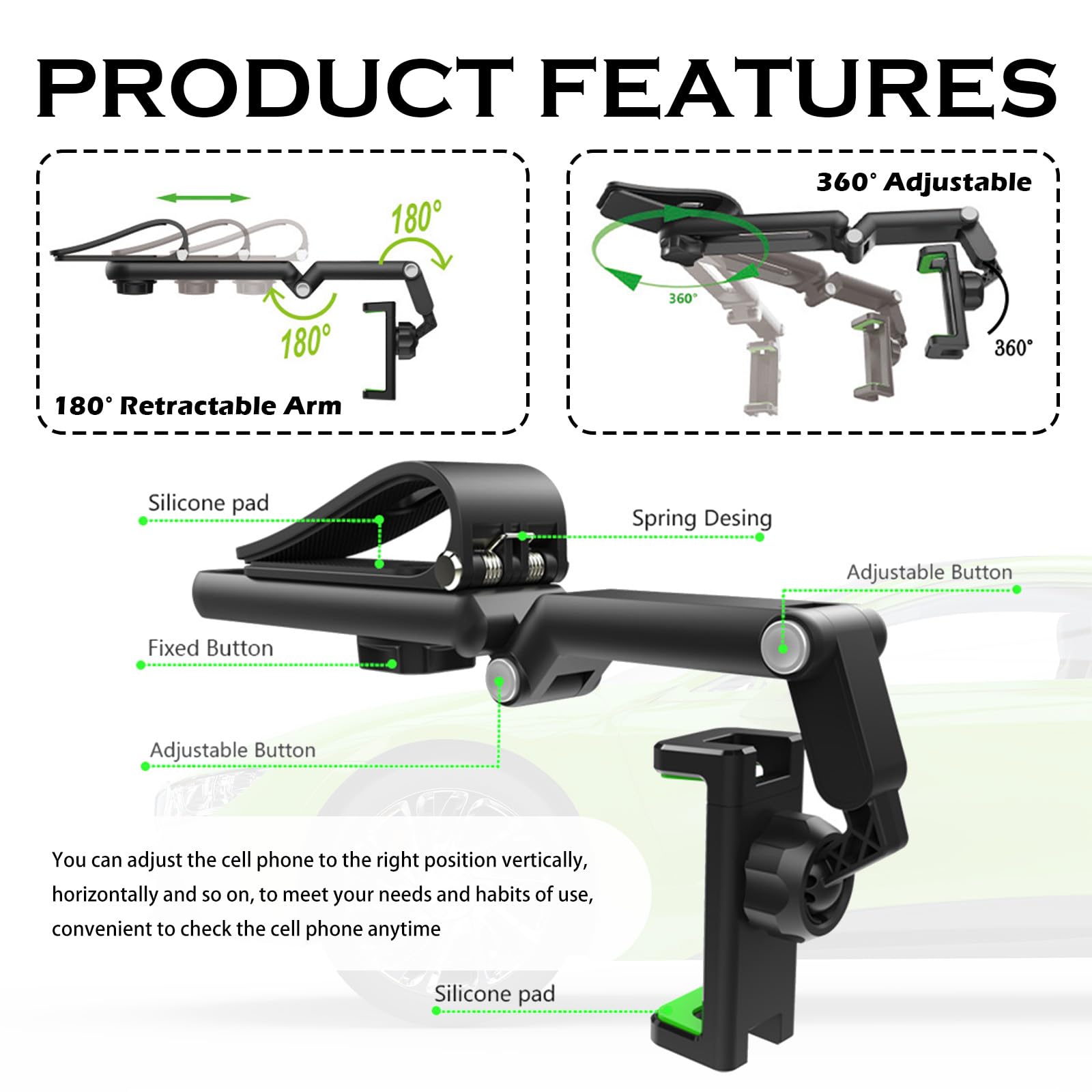 Sun Visor Phone Holder for Car,360° Swivel Adjustable Sunvisor Phone Holder for Car for Easily Phones Checking,Foldable Cars Phones Holders with 180° Retractable Arm 2