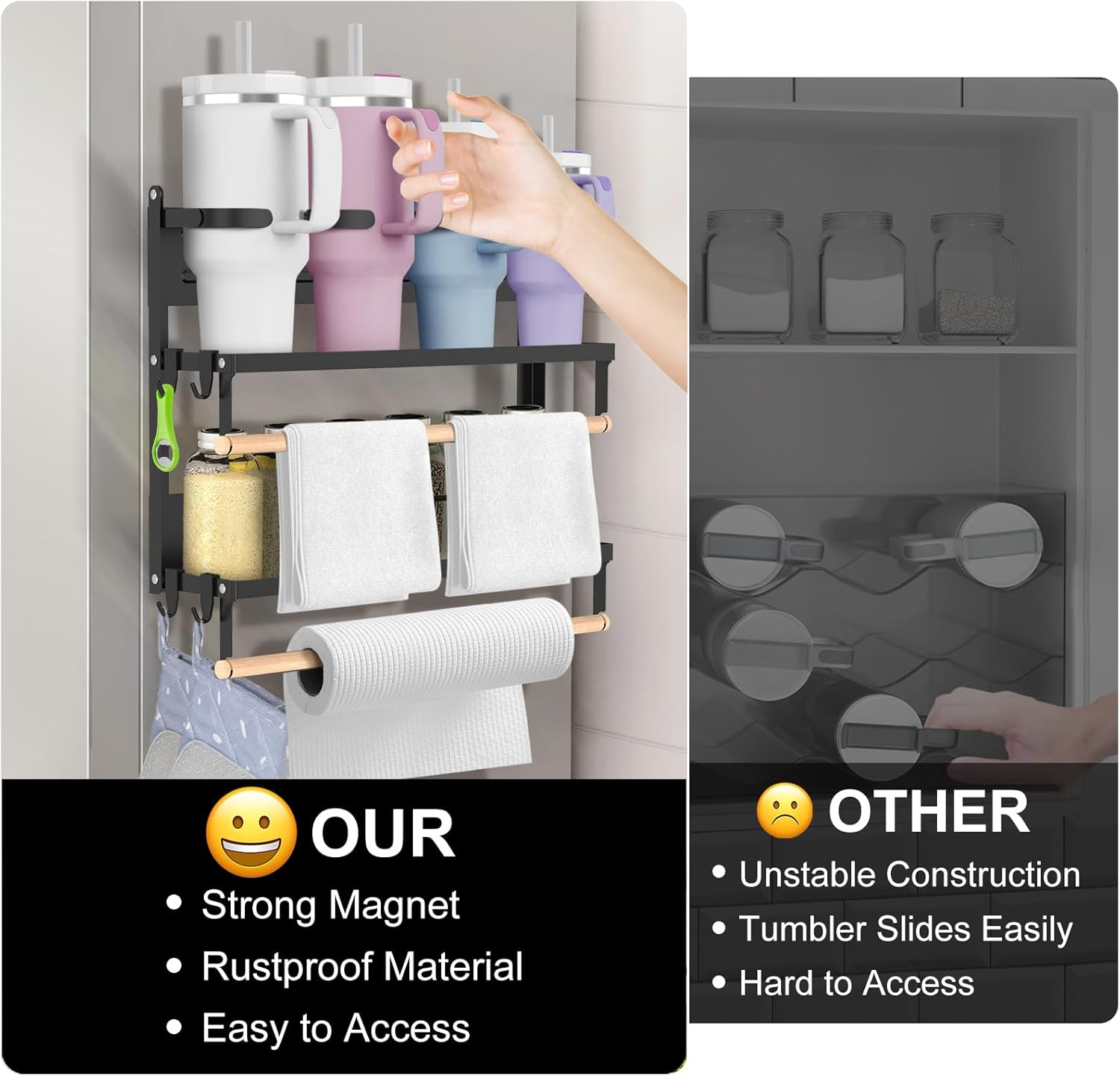 Magnetic Stanley Cup Holder for Refrigerator, Water Bottle Organizer for Stanley 40/30/20 oz Tumbler, Fridge Kitchen Storage Rack with 8 Holders & 2 Wood Rods, Owala/Yeti/Stanley Cup Accessories-Black