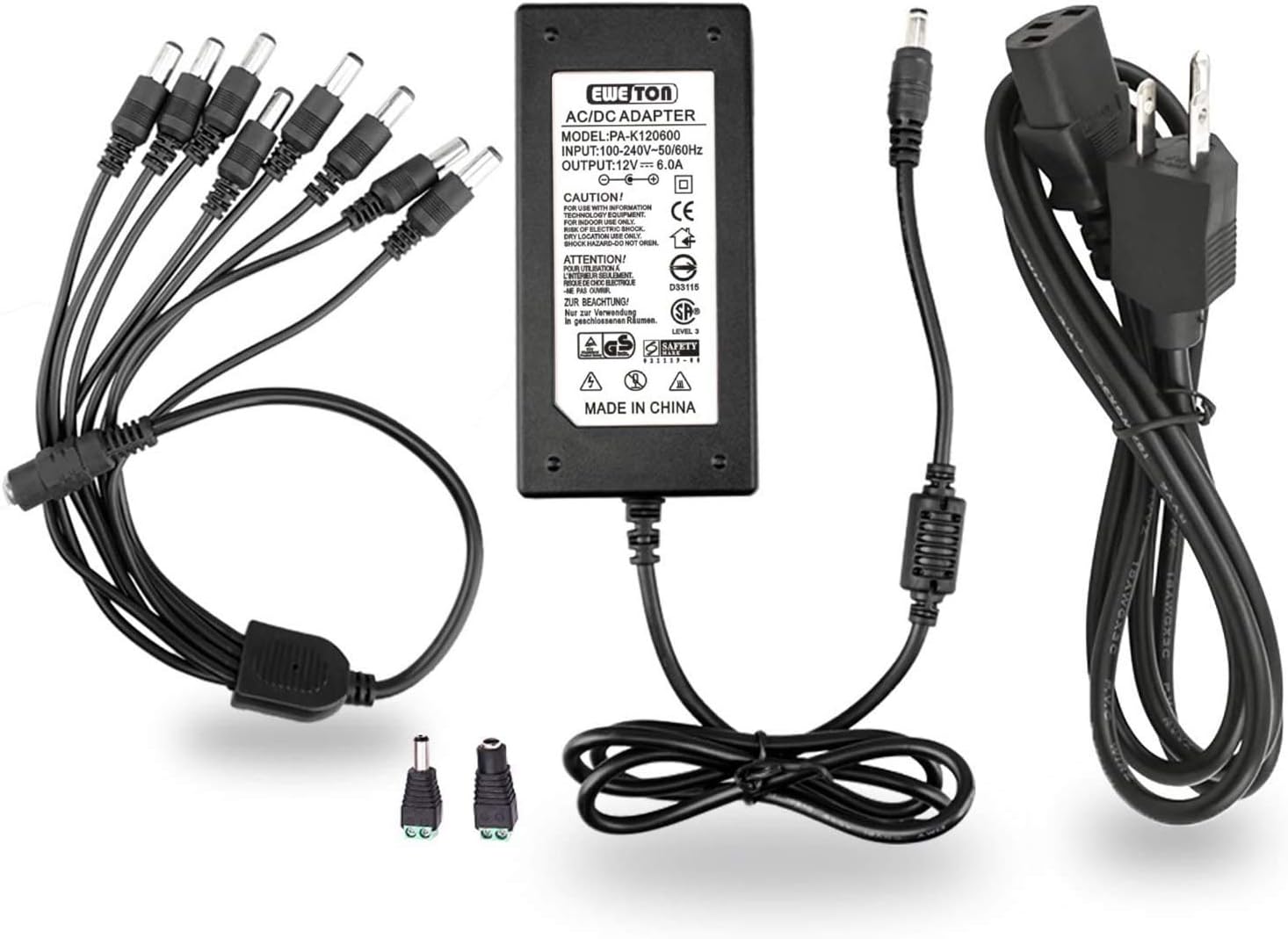 Power Adapter 12V 6A 72W 3-Pin Plug 100V-240V AC to DC 2.1x5.5mm w/ 8-Way Power Splitter Cable & DC Power Jack Connector Power Supply for CCTV Security Camera DVR, LED Strip Lights