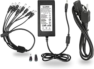 Power Adapter 12V 6A 72W 3-Pin Plug 100V-240V AC to DC 2.1x5.5mm w/ 8-Way Power Splitter Cable & DC Power Jack Connector Power Supply for CCTV Security Camera DVR, LED Strip Lights