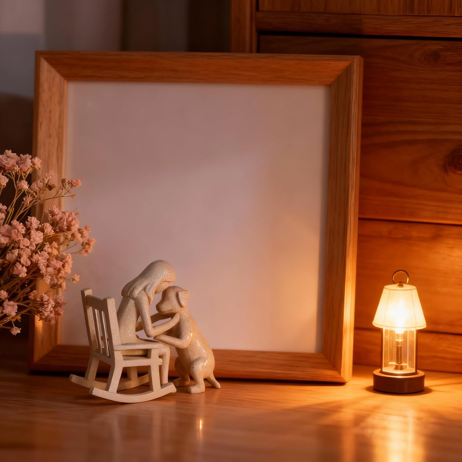 Resin Dog Figurine Statue with Rocking Chair, Person and Dog Sculpture for Home Decor, Tabletop Figurine for Shelf or Desk, Neutral Speckled Finish Decorative Accent