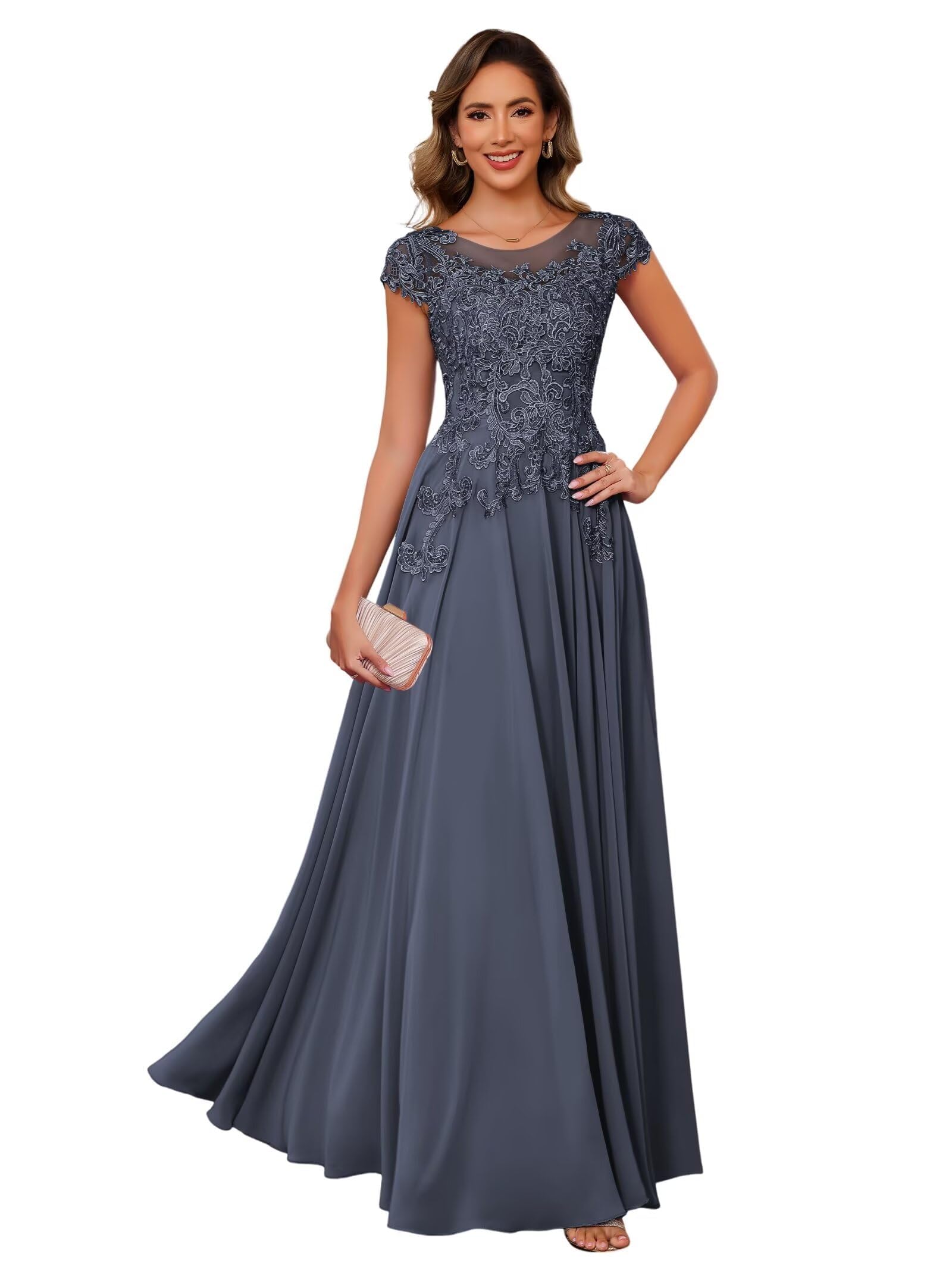 Abendkleider Elegant Für Hochzeit,Damen Chiffon Abendkleid Lang Spitzen Brautmutterkleider Kurze Ärmel Festliche Kleider Für Hochzeit