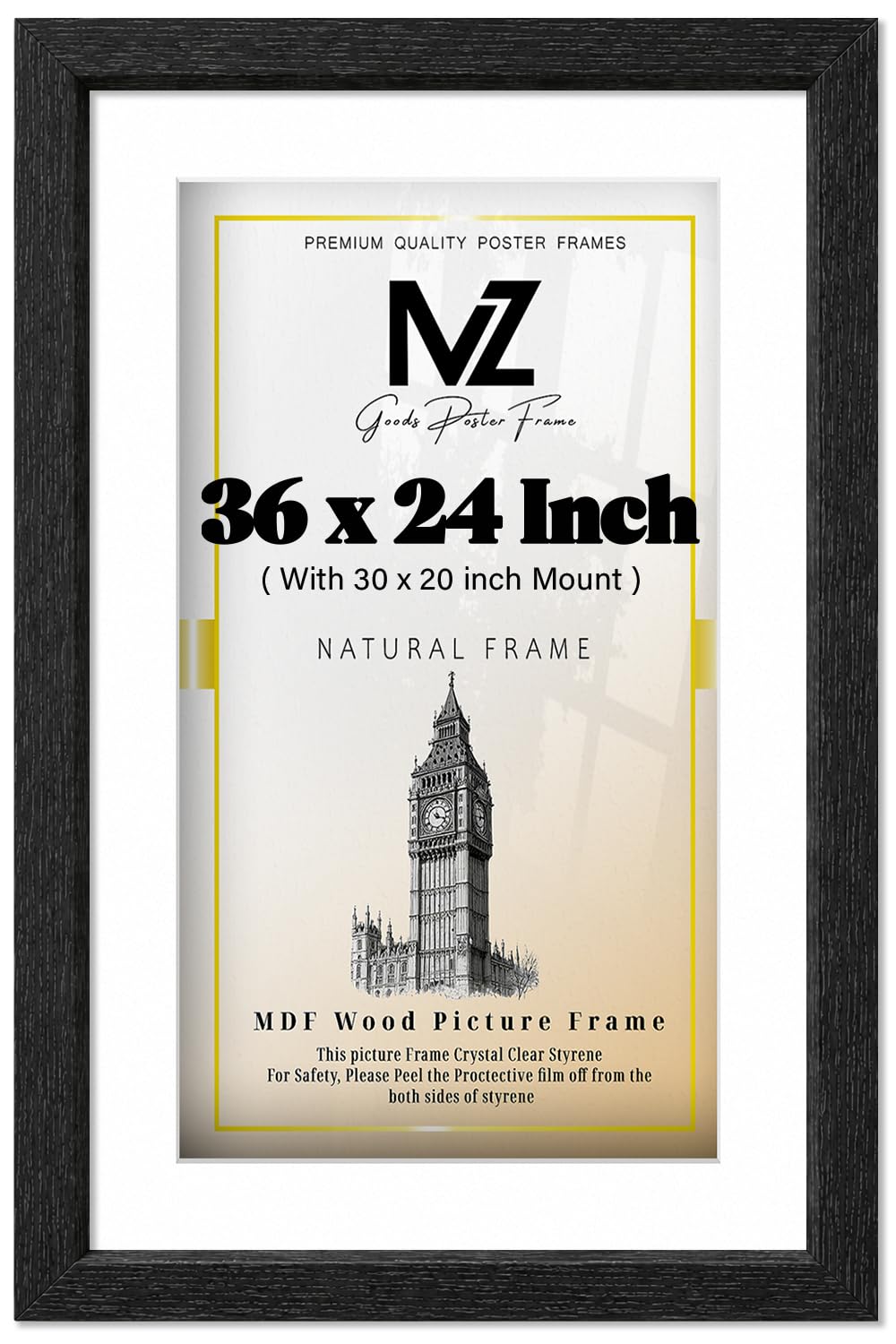 MZ GOODS | MDF Decorative Certificate Frame (91.44 x 60.96 cm) With 762 x 508 mm White Mount Engineered Wood | 24 Inch x 36 Inch Award, Art Print, Home & Office Decor [ Black ] — image 1