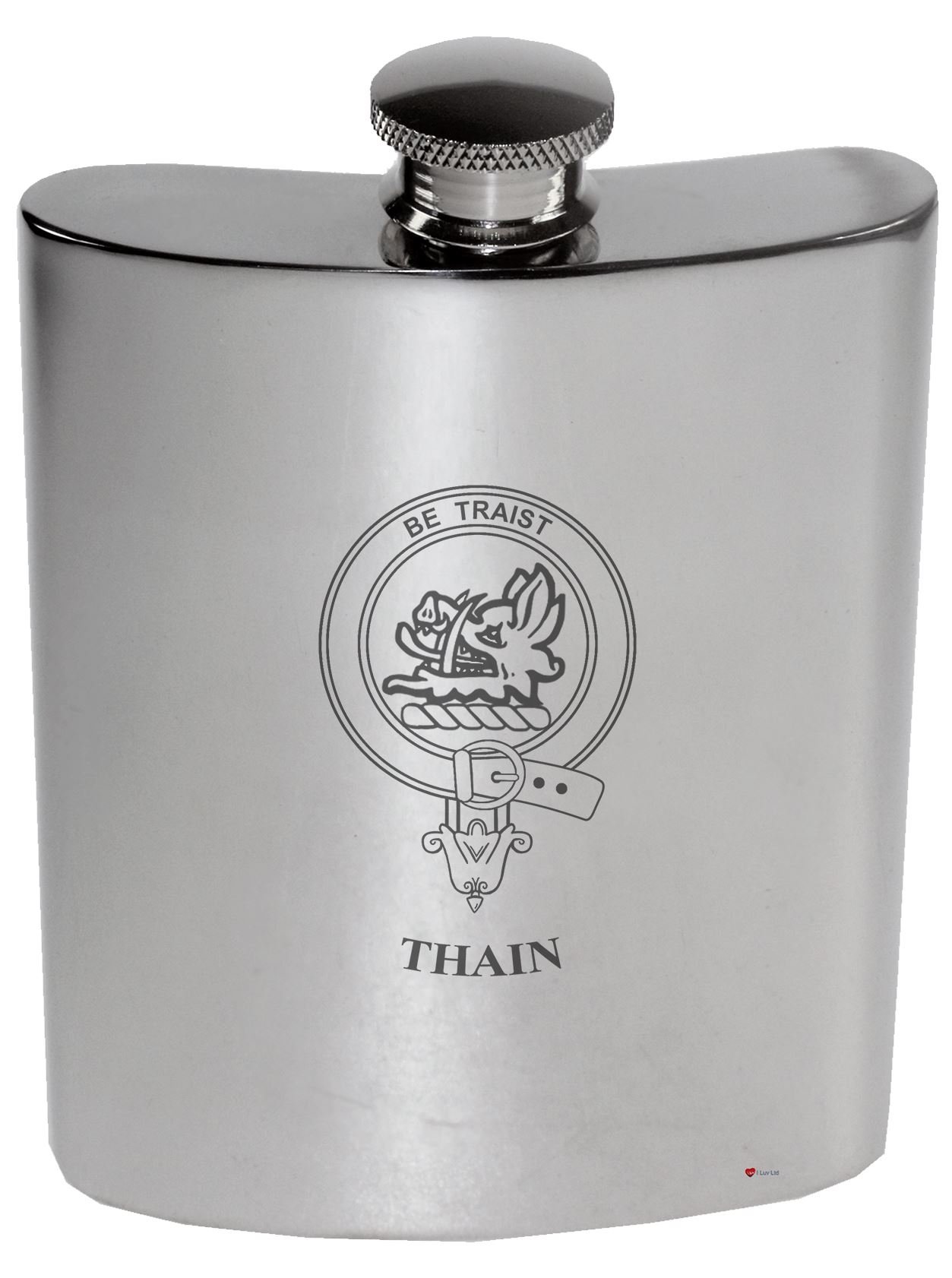 Flacon de rein hip flask étain poli Thain Crête de Famille gravure haut de gamme