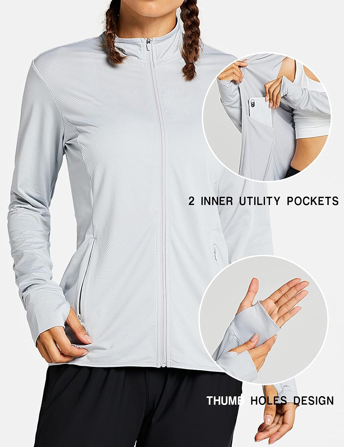 ZUTY Women's Long Sleeve Shirts UPF 50+ Sun Protection Full Zip Jacket UV Lightweight Hiking Outdoor Golf Zipper Pockets 01-light Grey-full Zip X-Large