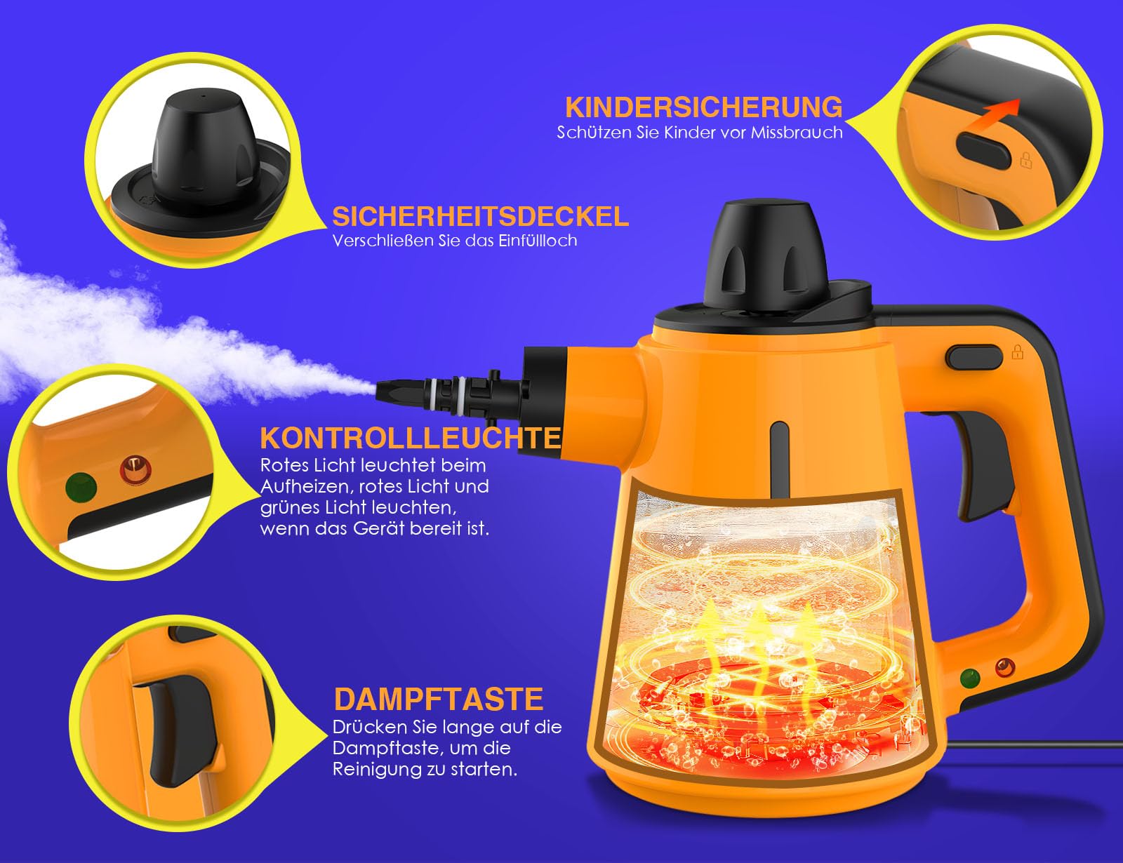 Stoomreiniger, 1050 W, 10 accessoires, 380 ml, draagbare multifunctionele stoomreiniger voor alle hoge temperaturen, 3,5 bar, hoge druk, vrij van chemicaliën, vloer, stoomreiniger, handapparaat