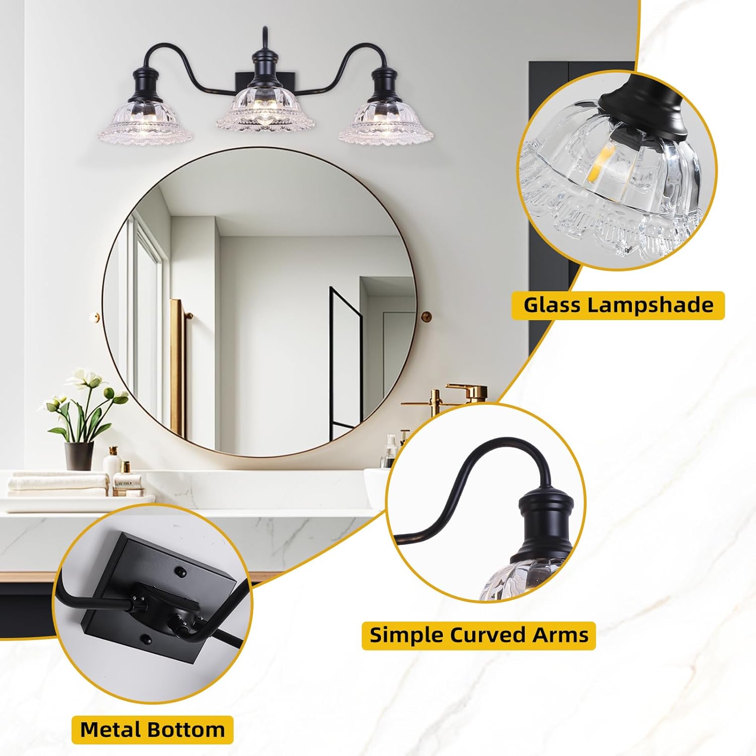 Vintage Bathroom Light Fixtures, 3-Light Matte Black Vanity Light with Flower Glass Shade, Bathroom Lighting Fixtures Over Mirror for Bedroom, Dressing Table