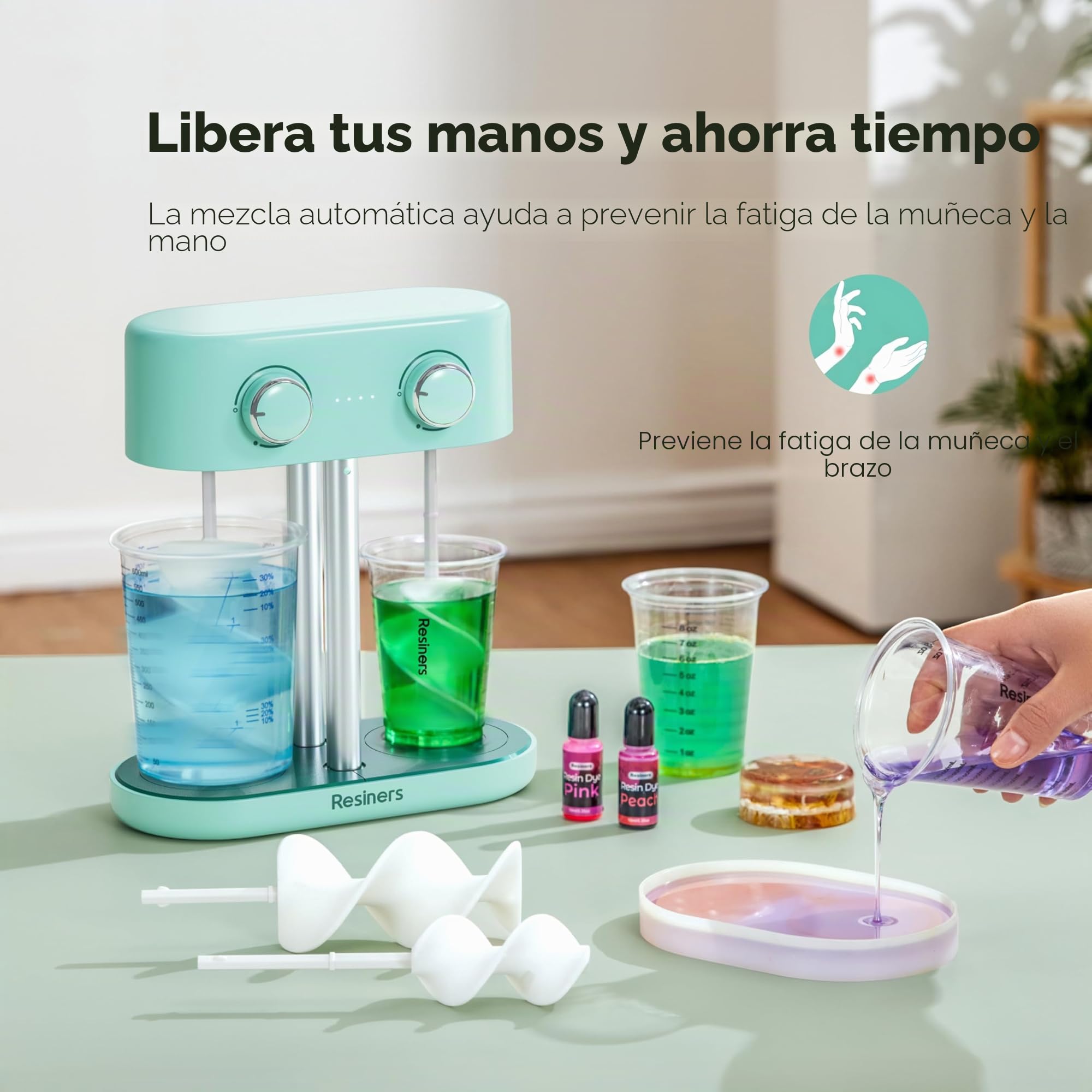 Resiners Mezclador de Resina Dual-Head, Mezclador de Epoxi Recargable, Velocidad Sin Escalas y Mínimas Burbujas, Palas de Silicona Eléctricas en Espiral para Mezcla de Resina, Silicona y Pintura