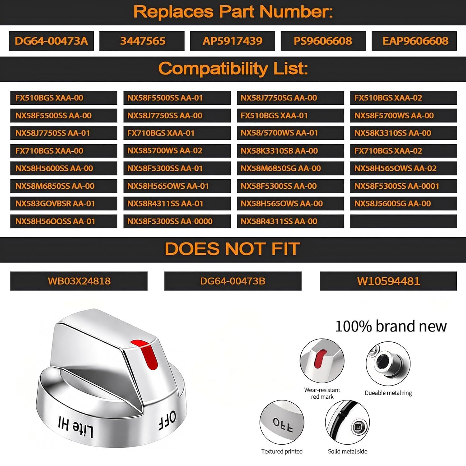 Upgraded DG64-00473A Stainless Steel Reinforced Stove Knob Replacement for Samsung Gas Stove - Anti-Crack Metal Insert Burner Dial Set (5-Pack)