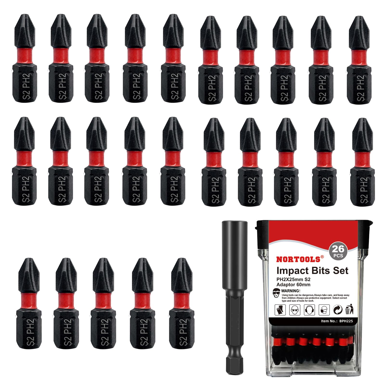 NORTOOLS Impact Screwdriver Driver Bits Set 26pcs S2 Steel Magnetic Phillips Screwdriver Bit Set - 1"(25mm) PH2 Non-Slip, 1/4" Hex Shank, High Torque Impact Resistant for Drills & Screwdrivers