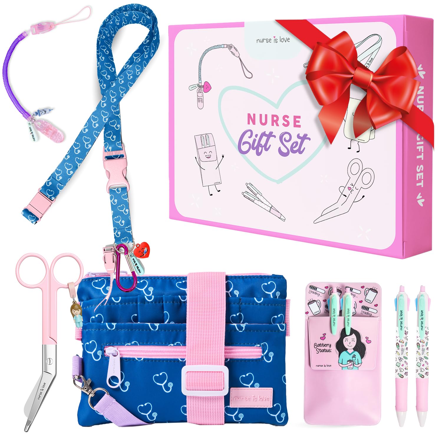 Nurse is Love Regalos Enfermera Original Y TCAE Set (7uds.) | Riñoneras + Salvabolsillos Enfermeria + Bolígrafos 4 Colores + Lanyard + Tijeras Enfermeria Curva PINK + Porta Tijeras + Caja Regalo