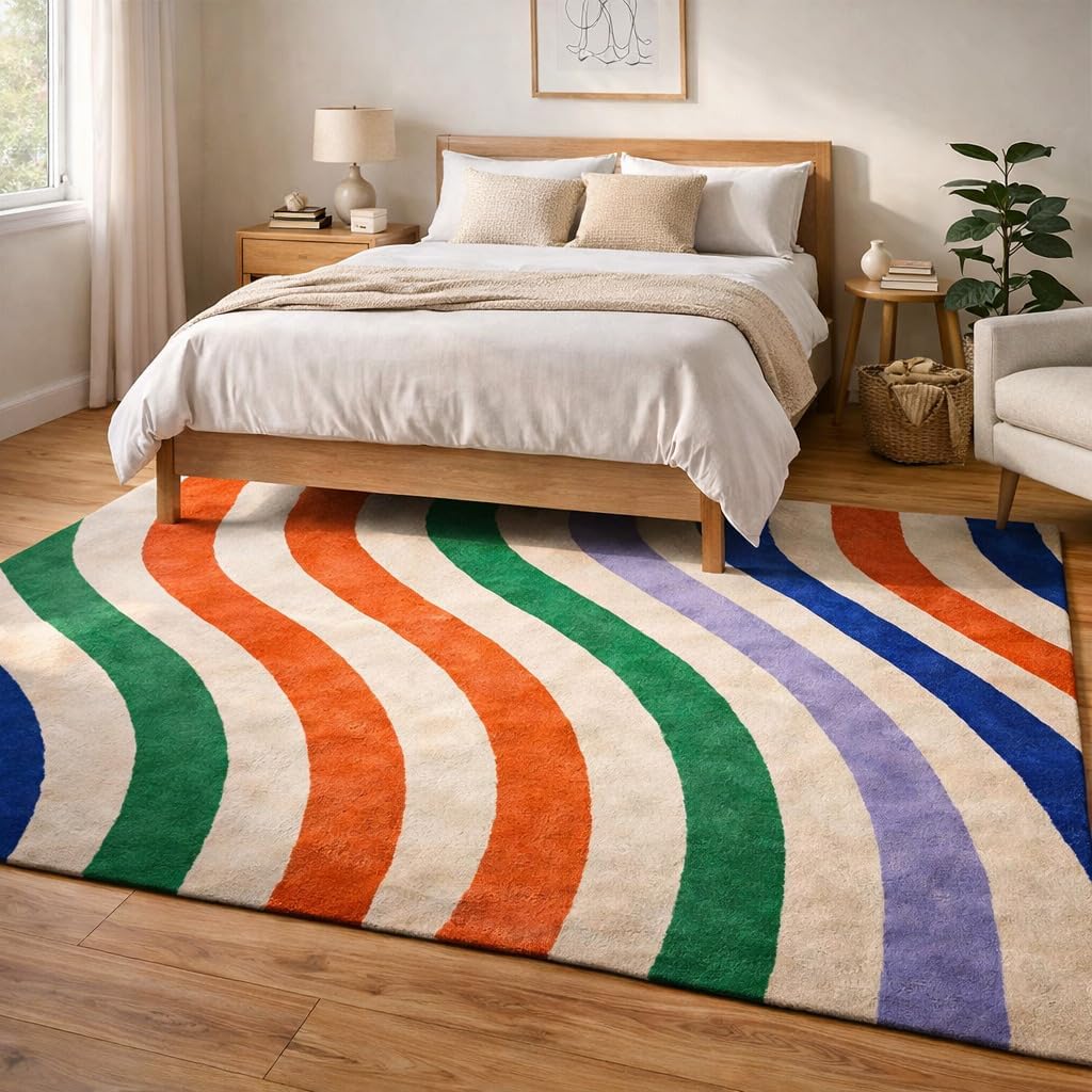 Handmade Wool Area Rug, Hand-Tufted Multicolor Wave Design for Living Room, Bedroom & Dining – 7x10, 6x9, 8x10, 9x12 Sizes