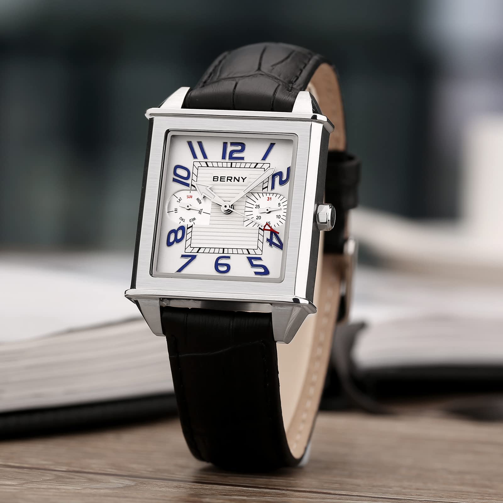 BERNY Montres carrées pour Hommes Mouvement Suisse Montre à Quartz Calendrier rectangulaire Montre à Bracelet en Cuir