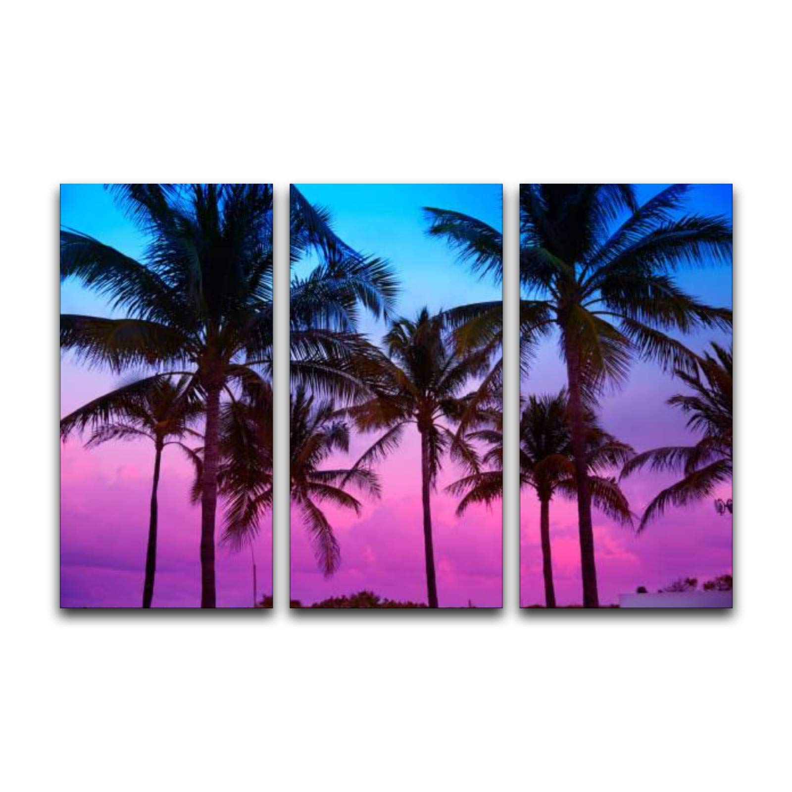 3 Piece Canvas Wall Art Miami Beach South Beach Sunset Palm Trees Florida Art Painting Posters Pictures Print Home Decor Modern Artwork for Living Room Bedroom 16"x31.5"