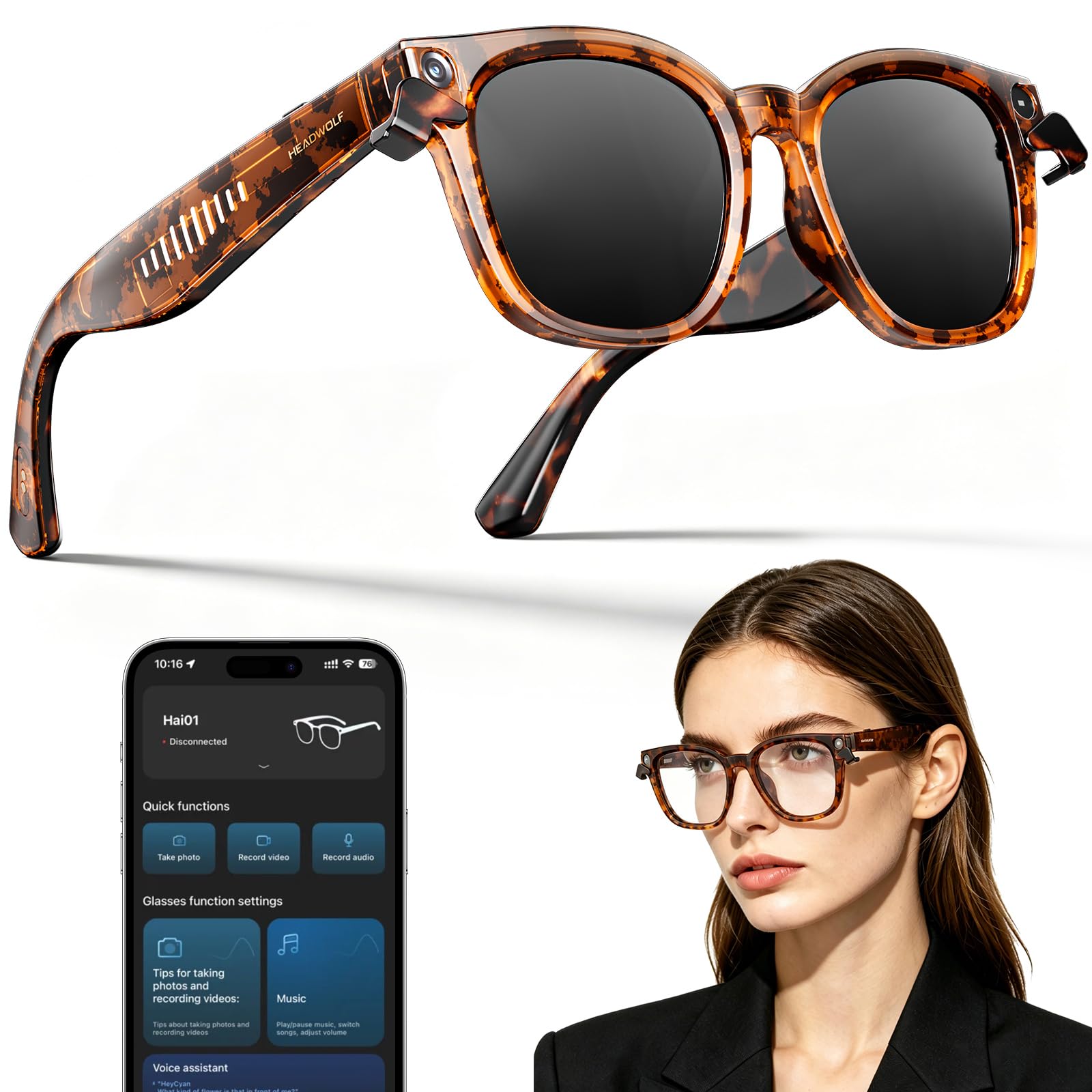 Headwolf Lunettes intelligentes caméra 8MP, Cache de confidentialité magnétique, Reconnaissance visuelle, Traduction IA, Audio Bluetooth à Oreille Ouverte pour Voyage, Travail et Usage Quotidien