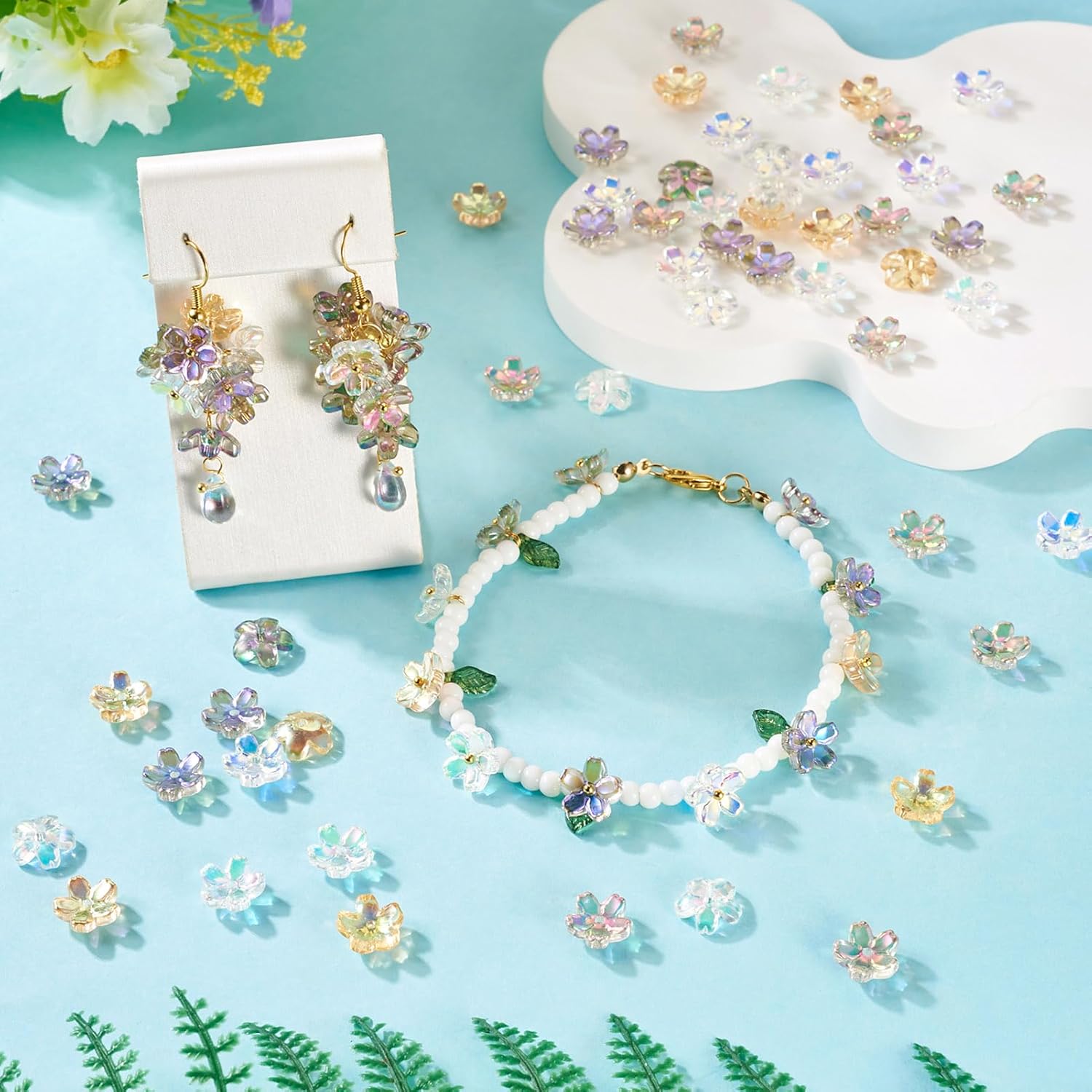 100 Pcs Glass Flower Bead Caps for Jewelry Making Transparent Electroplate Glass Flowers Beads Caps Rainbow 5-Petal Flower Bead Charms for Bracelets Earring Necklace - Image 2