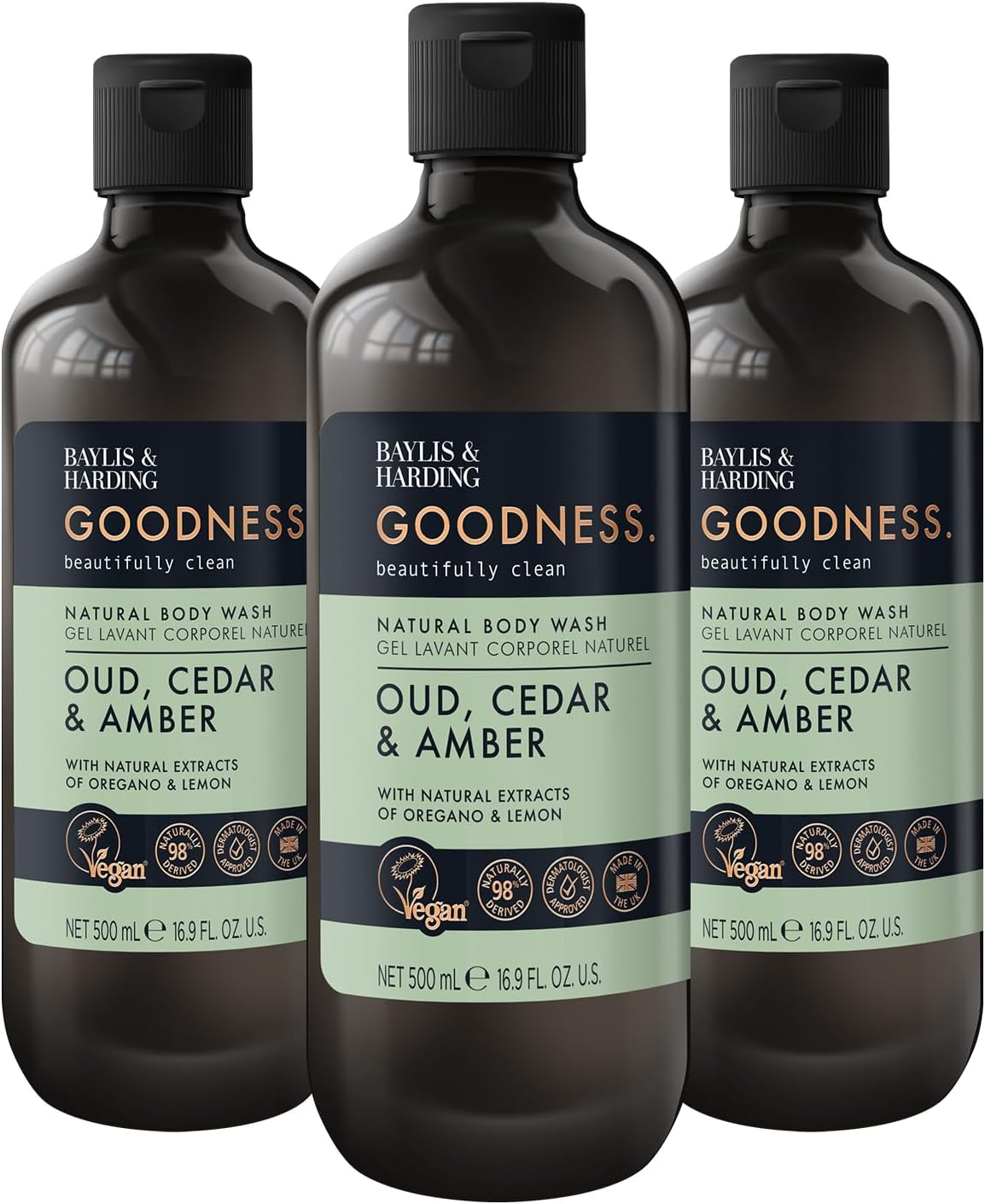 Baylis & Harding Goodness Oud, Cedar and Amber Body Wash, 500 ml (Pack of 3) - Vegan Friendly