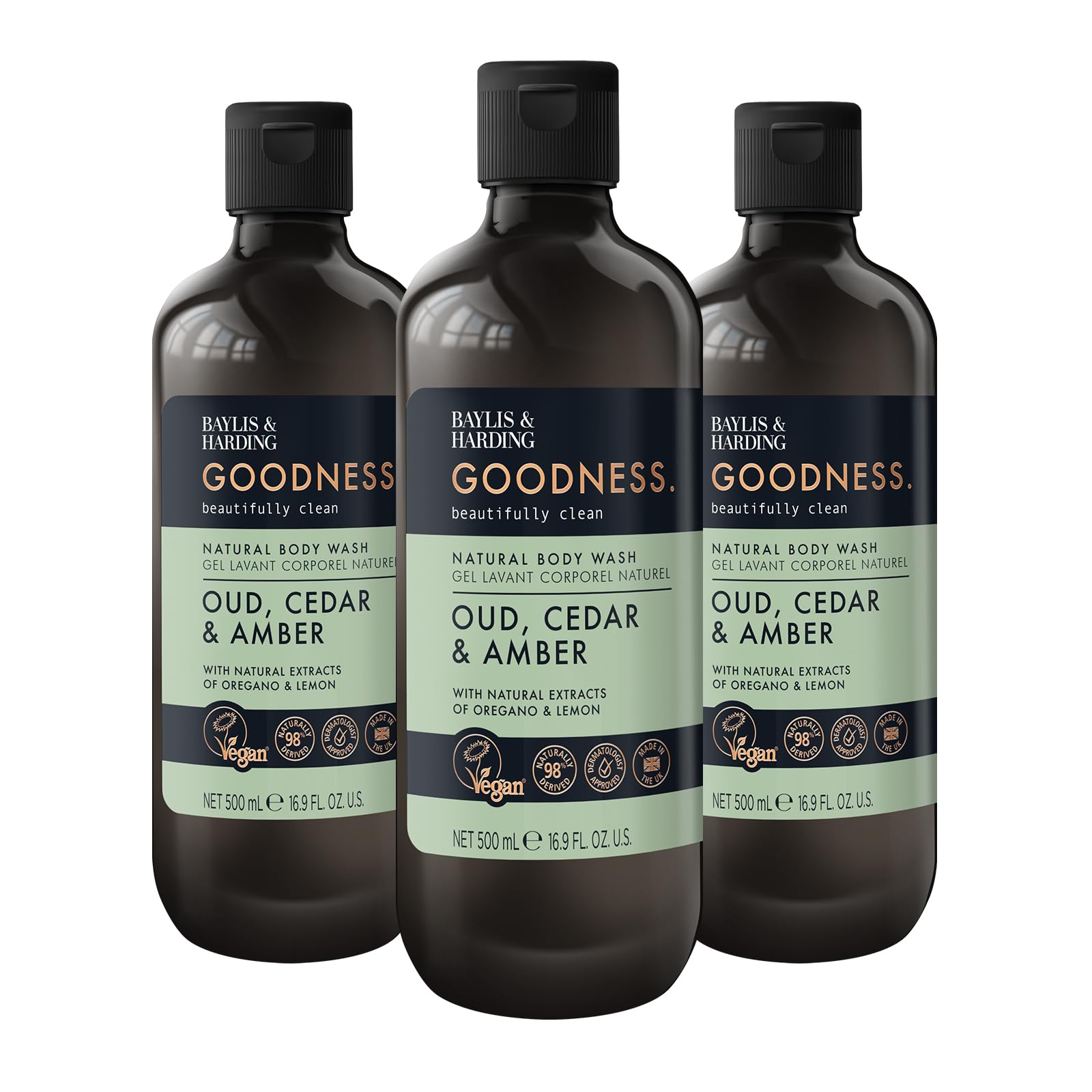 Baylis & Harding Goodness Oud, Cedar and Amber Body Wash, 500 ml (Pack of 3) - Vegan Friendly