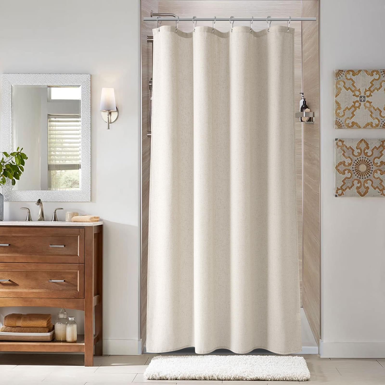 Naturoom 48 Inch Shower Curtain - Stall Narrow Half Green Linen Ultra Thick Fabric Shower Curtain Set with Hooks, Boho Farmhouse Rustic RV Camper Bath