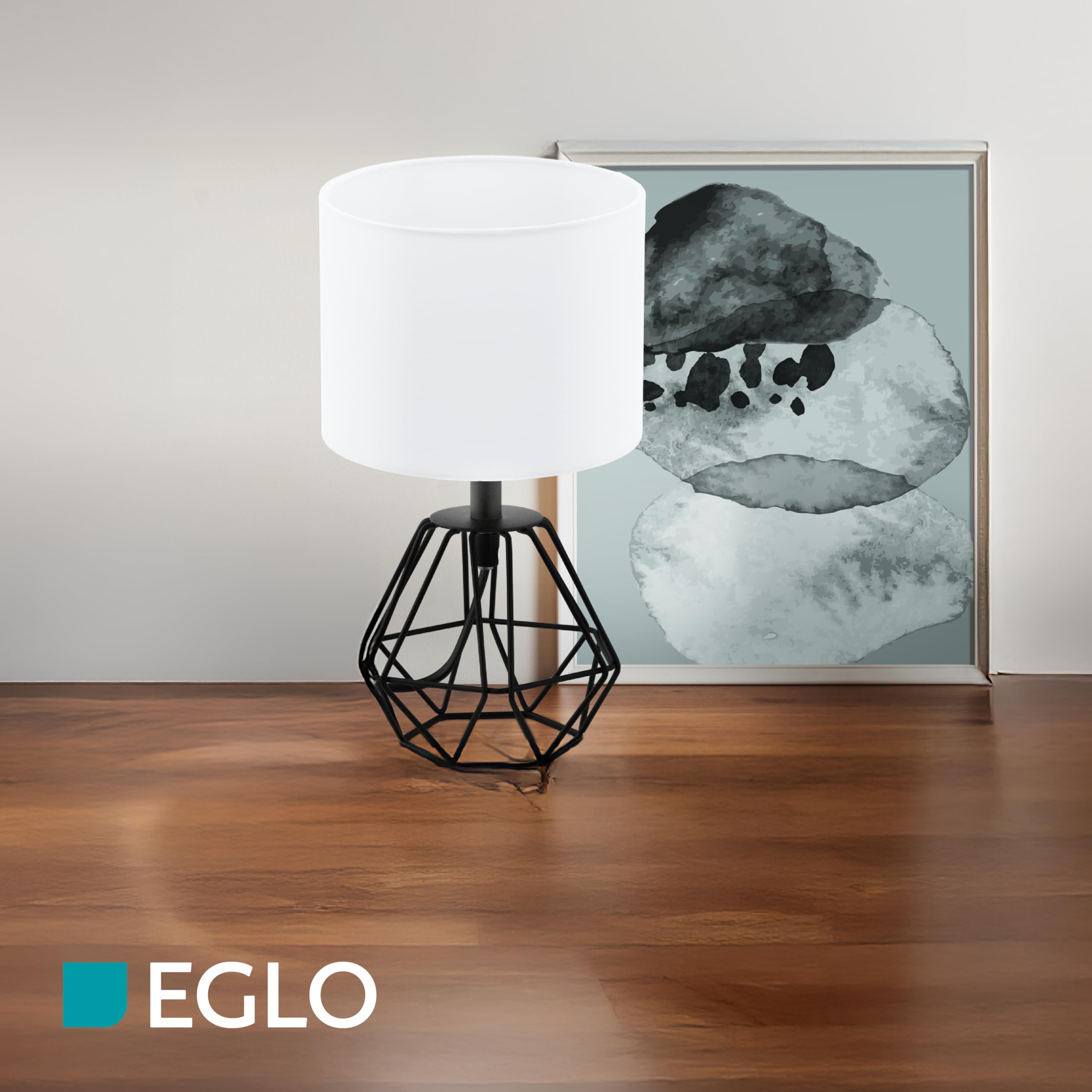 Eglo lampada da tavolo Carlton 2, lampada da tavolo vintage a uno punto | luce, lampada da comodino in acciaio e tessuto, nero, bianco, presa E14, interruttore incl