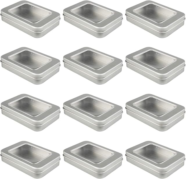 12 Pack Empty Rectangular Metal Storage Organizer Tins with Clear Window Hinged Lids for Candies, Gifts & Treasures (Silver)