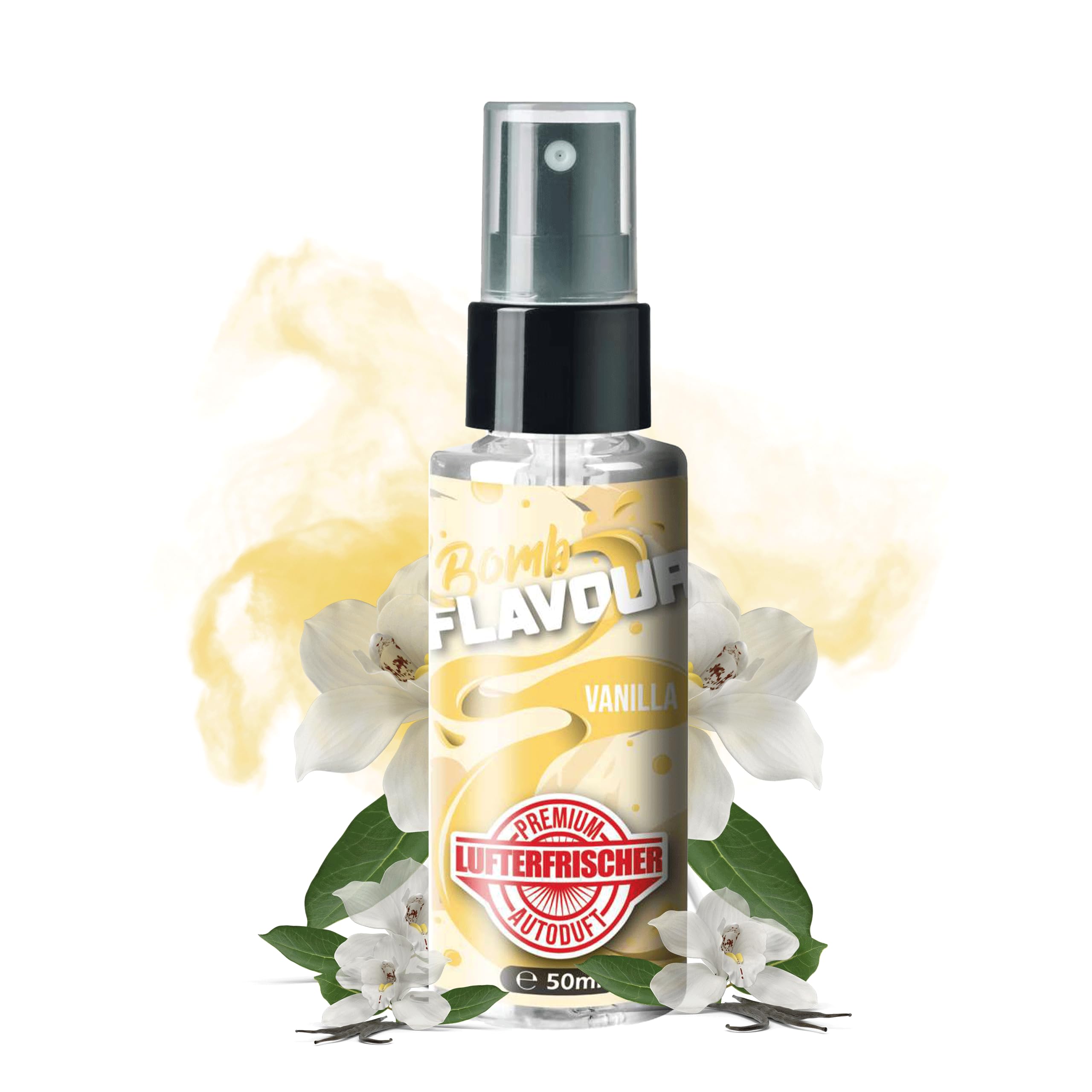 ShinyChiefs FLAVOUR BOMB Vanilla - Autoduft mit Vanille-Geruch - Premium Lufterfrischer und Auto Parfüm für den Innenraum, neutralisiert Gerüche im Auto, hochergiebig, Pumpsprühflasche, 50ml