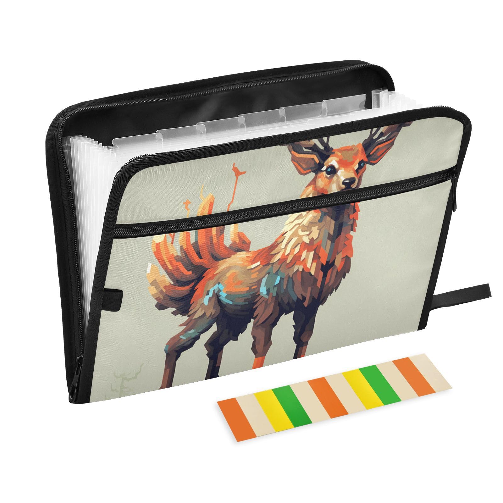 Animal Orange Cyan 16-bit Pixal Expandable Folders 13 Pockets A4 Letter Size Filing Folder with Zipper Closure Plastic Expanding File Folder for Office Workers Business