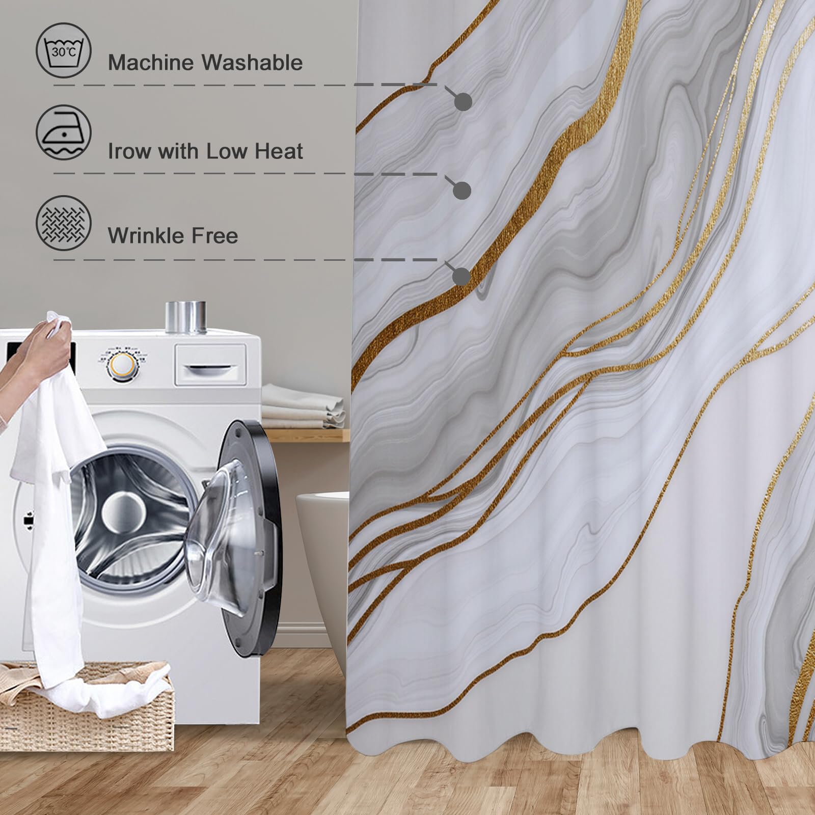 Rideau De Douche Marbre Texturé Luxe Abstrait Tissu Imperméable Lavable avec Crochets Anti Moisissure en Polyester Rideau Douche pour Salle De Bain