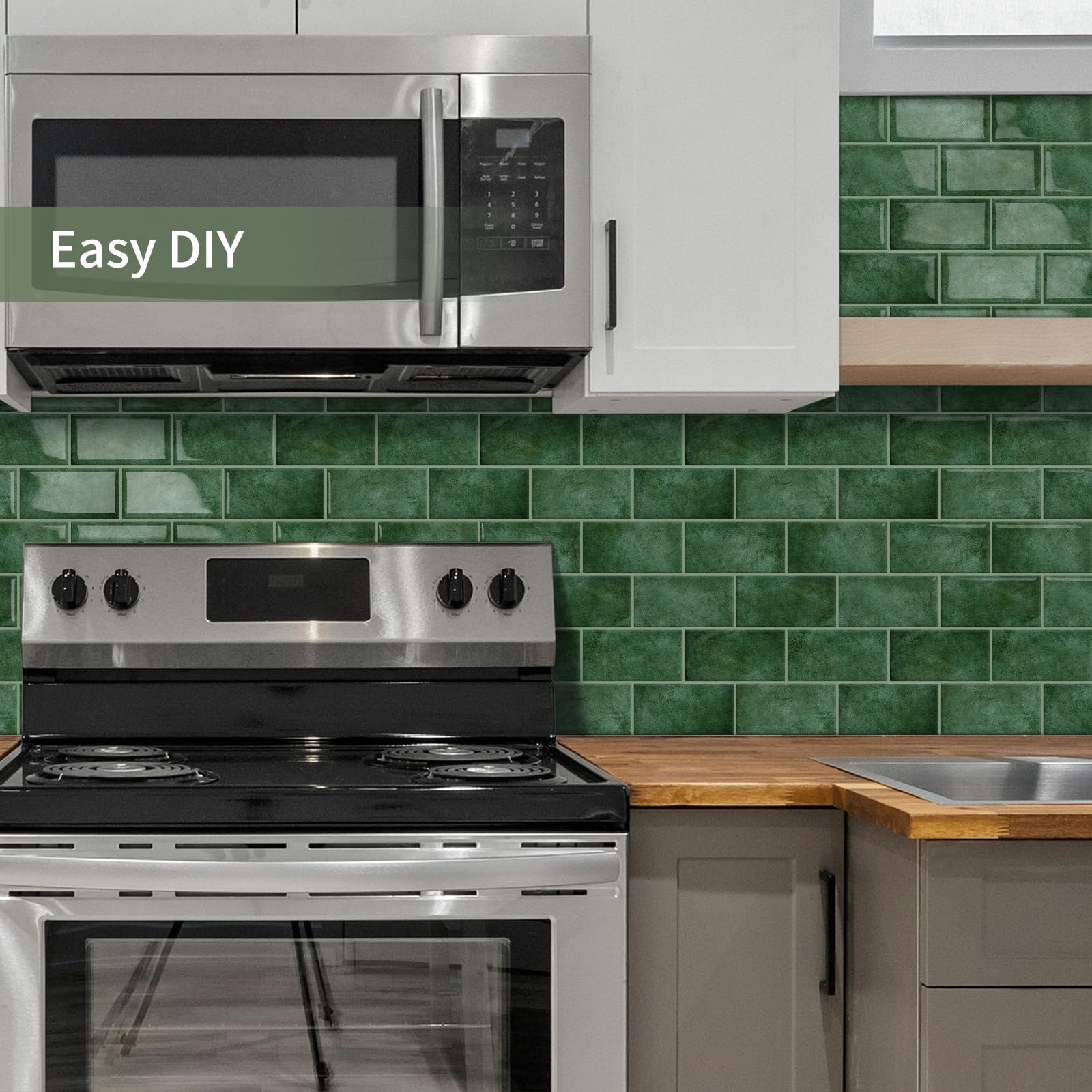 10-Piezas 3D Metro Adhesivo Grueso Azulejos Adhesivos Cocina | Autoadhesivos Vinilo Baldosas Azulejos Adhesivos, Baldosa Cuarto de baño Pared (Verde Claro,32 x 26.9CM)