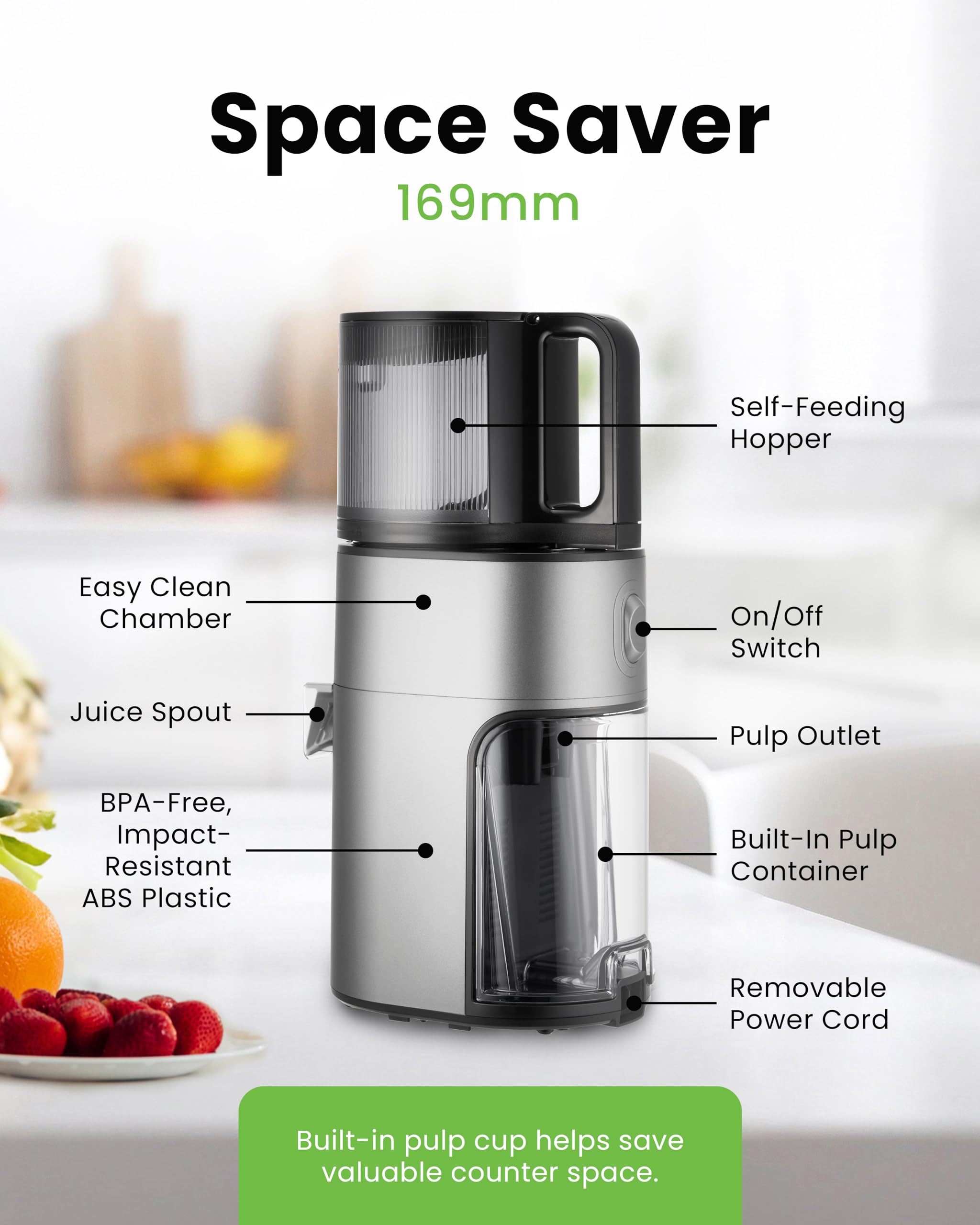 HUROM | H400 | Extractor de zumo de frutas y verduras | Hurom Easy Clean H400 | Cuenco de corte | 150 vatios | Libre de BPA | TITANIUM