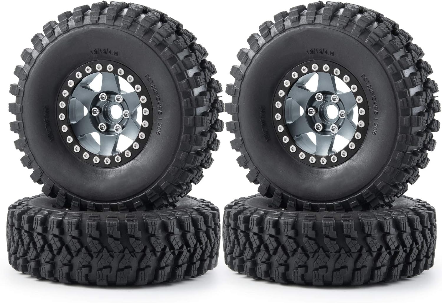 4 Pcs 106mm Rubber Tires 1.9" Wheel Rim Set Aluminum Alloy Metal Bead Lock Design for 1/10 AXIAL SCX10 CC01 Truck RC Crawlers Cars (Yellow+Black)