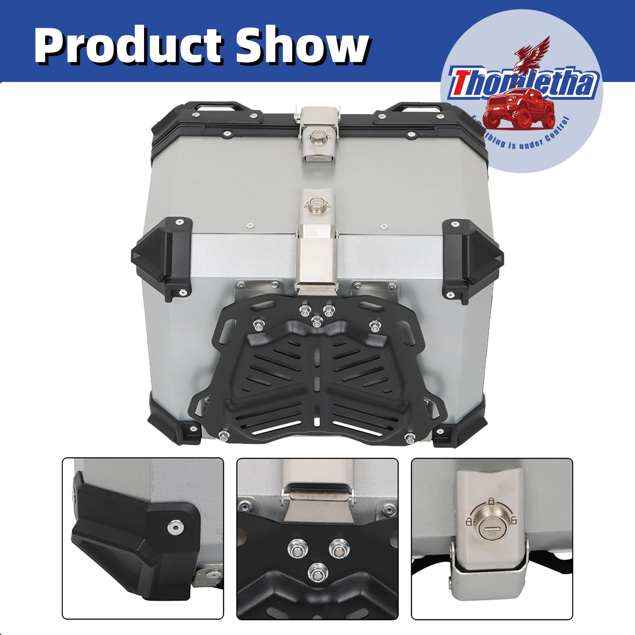 Thomletha 45L Silver Hard Aluminum Alloy Motorcycle Top Case Tail Box with Mounting Plate and Lock