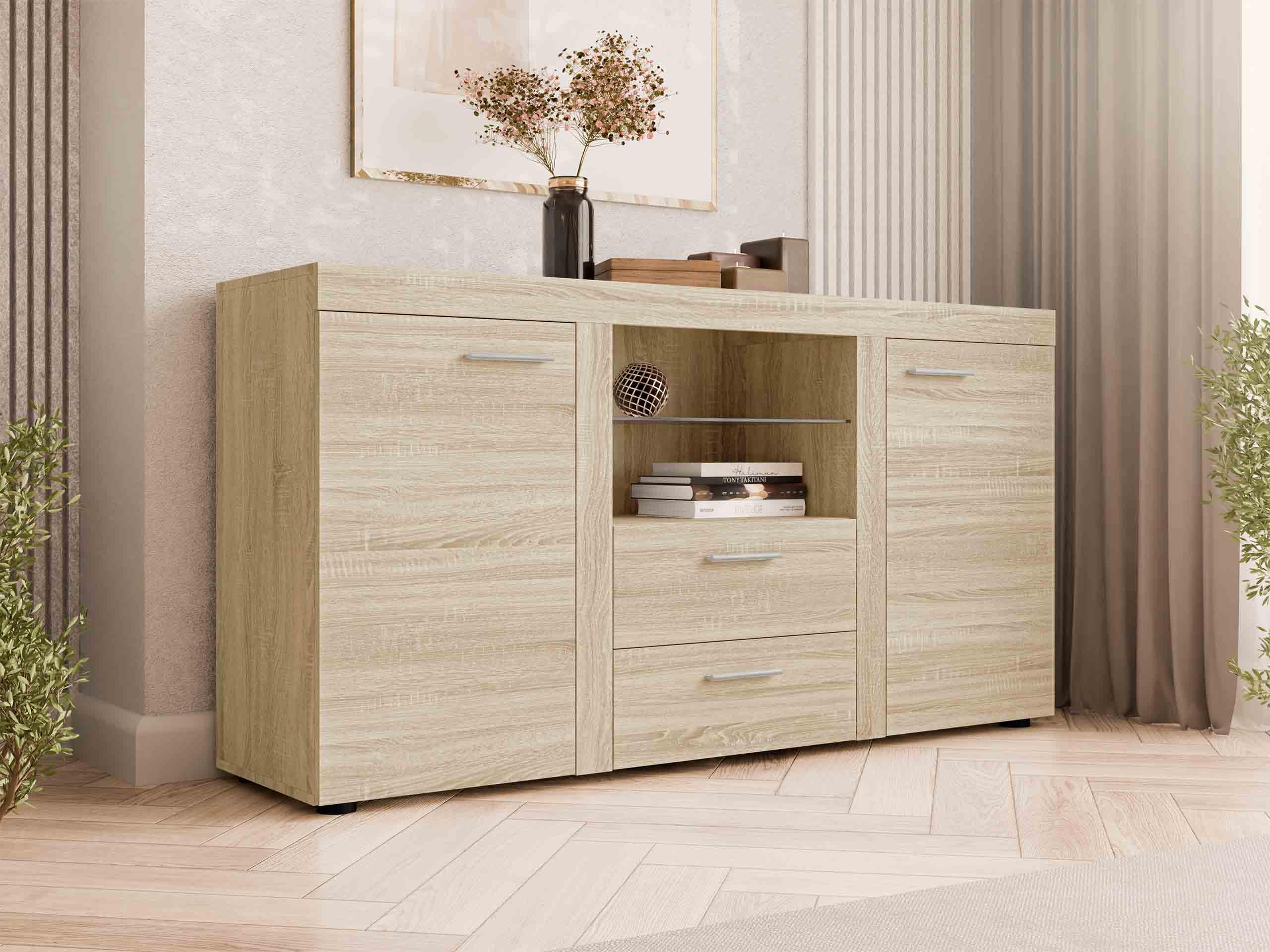 Mirjan24 Kommode Rango mit Glasboden, Highboard Sideboard, Anrichte, Naturtöne, Mehrzweckschrank, Wohnzimmerschrank, Anrichte, Schrank (ohne Beleuchtung, Sonoma Eiche)