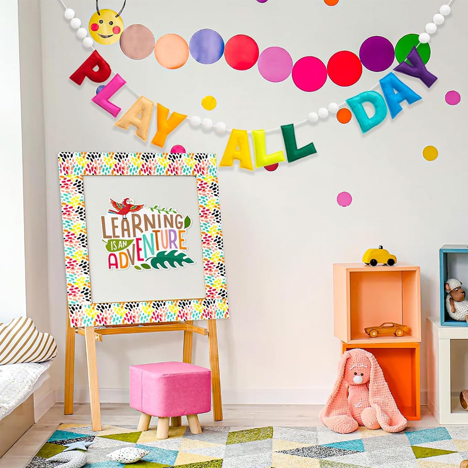 Pre-Strung Rainbow Play All Day Felt Banner Reusable Plays Sign Plays All Day Wall Hanging Felt Garland for Playroom Wall Decor Playhouse Toy Room Classroom Decoration - Image 2