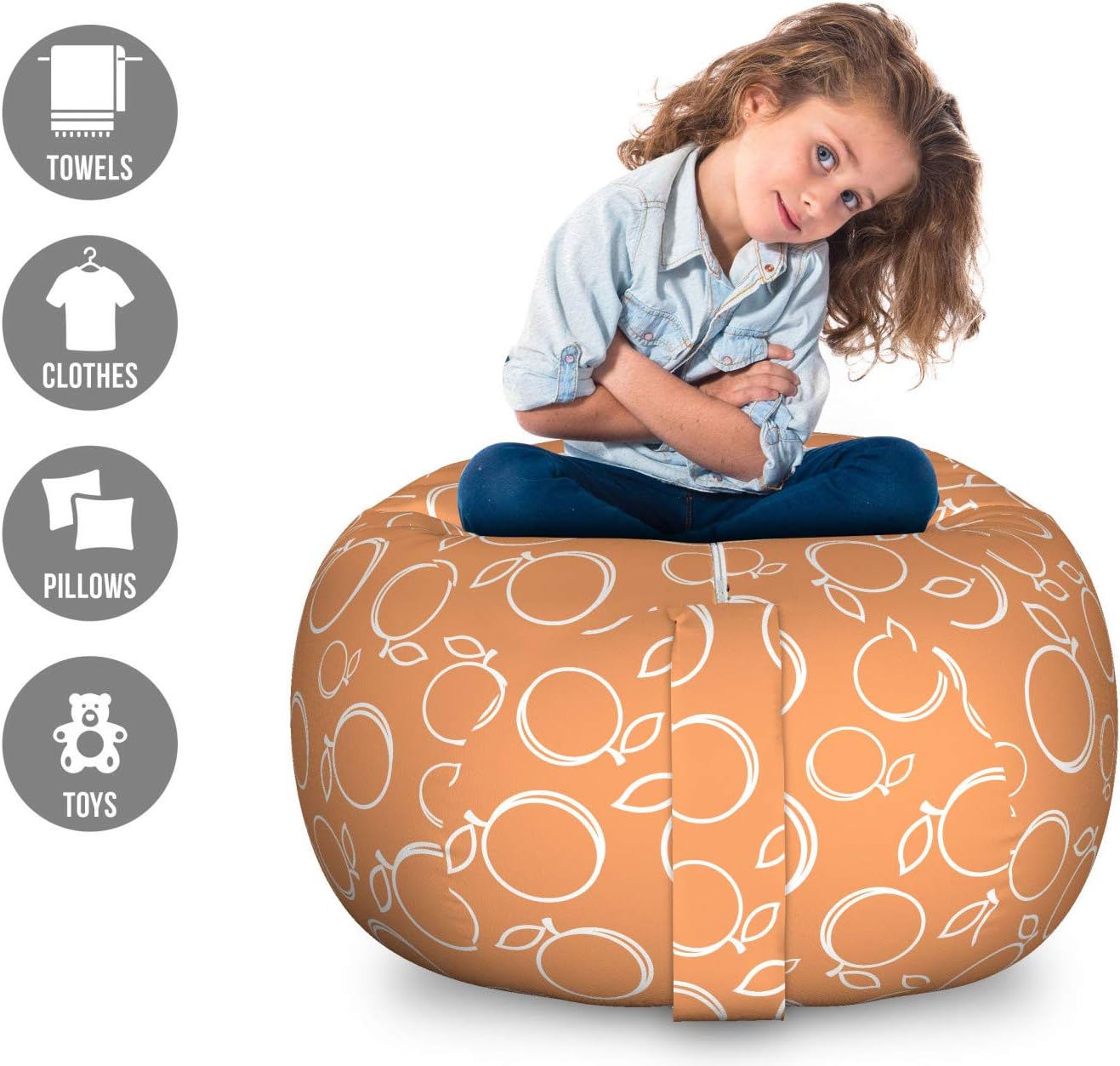 Ambesonne Peach Storage Toy Bag Chair, Continuous Pattern with Ripe and Summer Fruits Graphic Image Print, Stuffed Animal Organizer Washable Bag, Large Size, Dark Peach and White