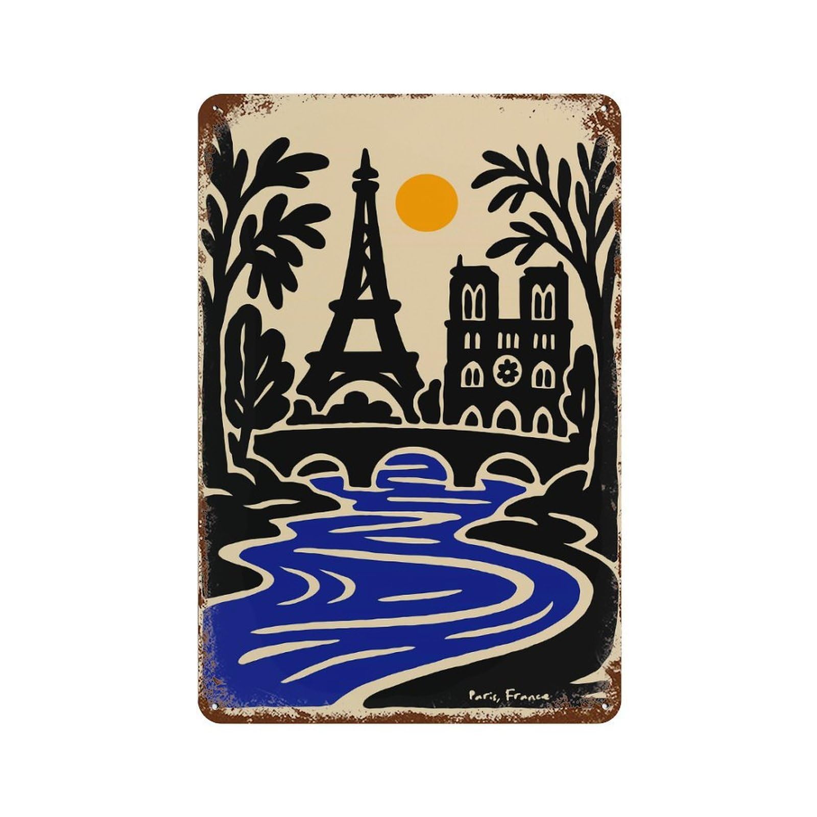 Rust Effect Paris, France Illustration with Eiffel Tower Decorative Tin Sign 11.8"x7.9", Classic Wall Plaque for Pub, Kitchen And Man Cave Decor