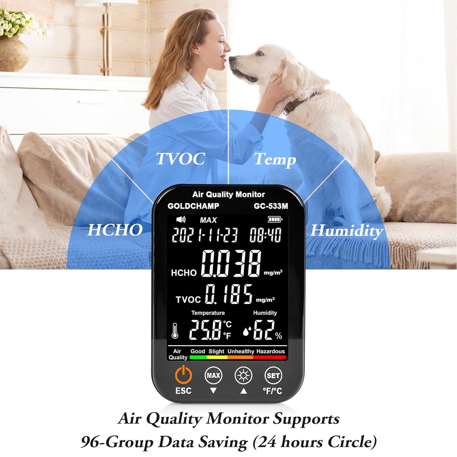 ゴールドチAMP GC-533M-US Air Quality Monitor showing data saving capability.