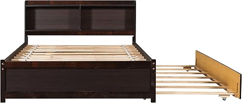 Miniatura 16 de Cama individual con nido, marco de cama individual con cabecera de estantería y nido extraíble, cama de plataforma de madera con estantes de