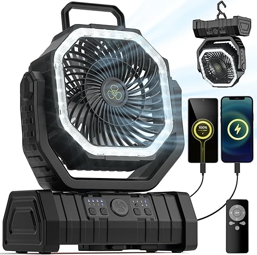 Ventilador de camping – Ventilador de batería de 20000 mAh recargable con linterna LED – Ventiladores portátiles para tienda de campaña al aire
