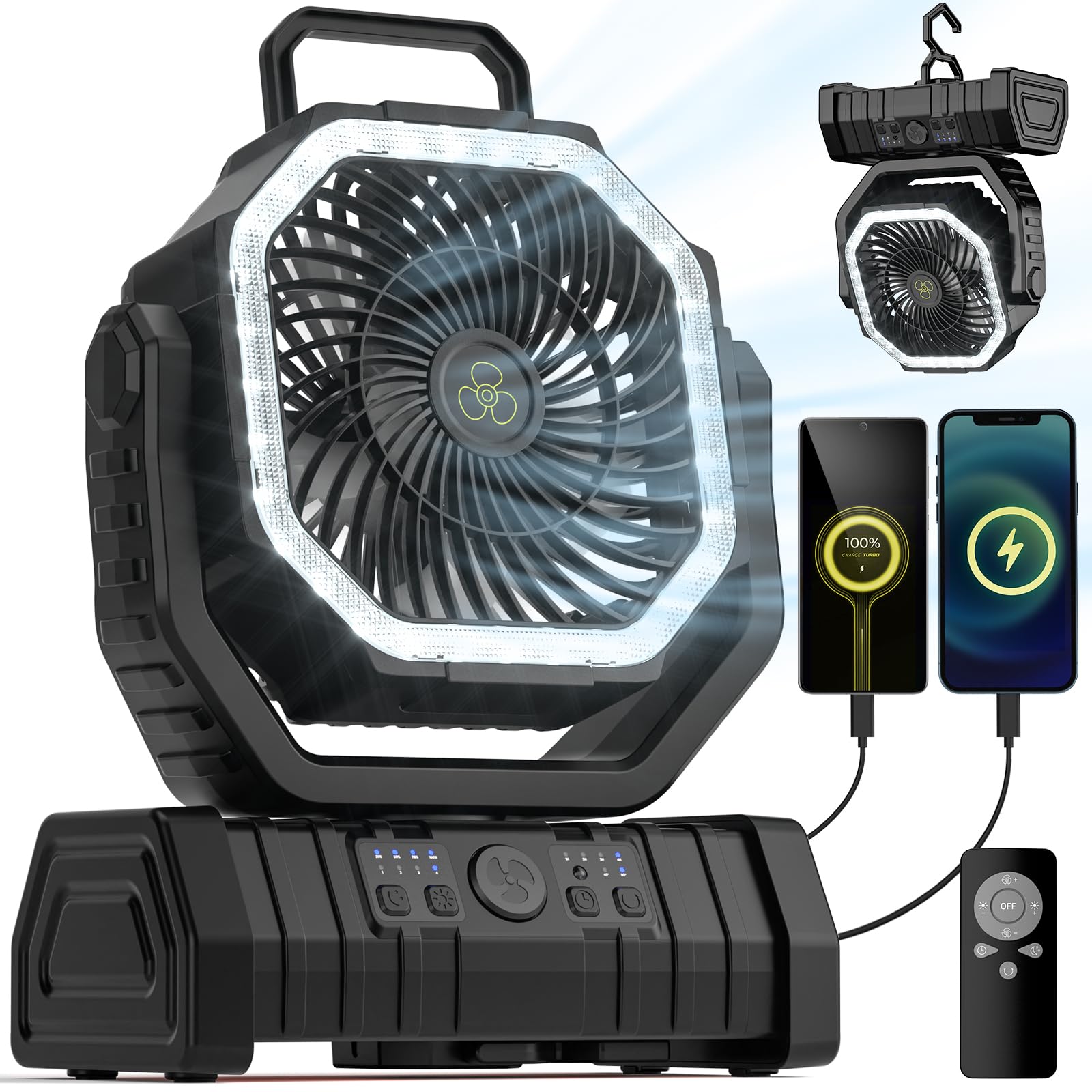 Camping Fan - 20000mAh Battery Powered Fan Rechargeable with LED Lantern - Portable Outdoor Tent Fans with Hanging Hook 4 Speeds Wind Remote Control, Black