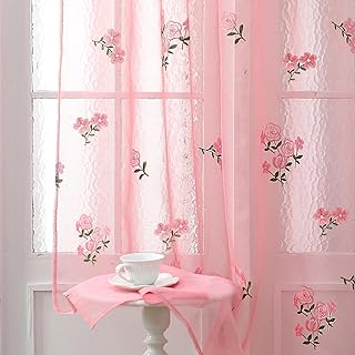 Tegeme 2 Panels Pink Vintage Flora Sheer Curtains 84 Inches Long Embroid...