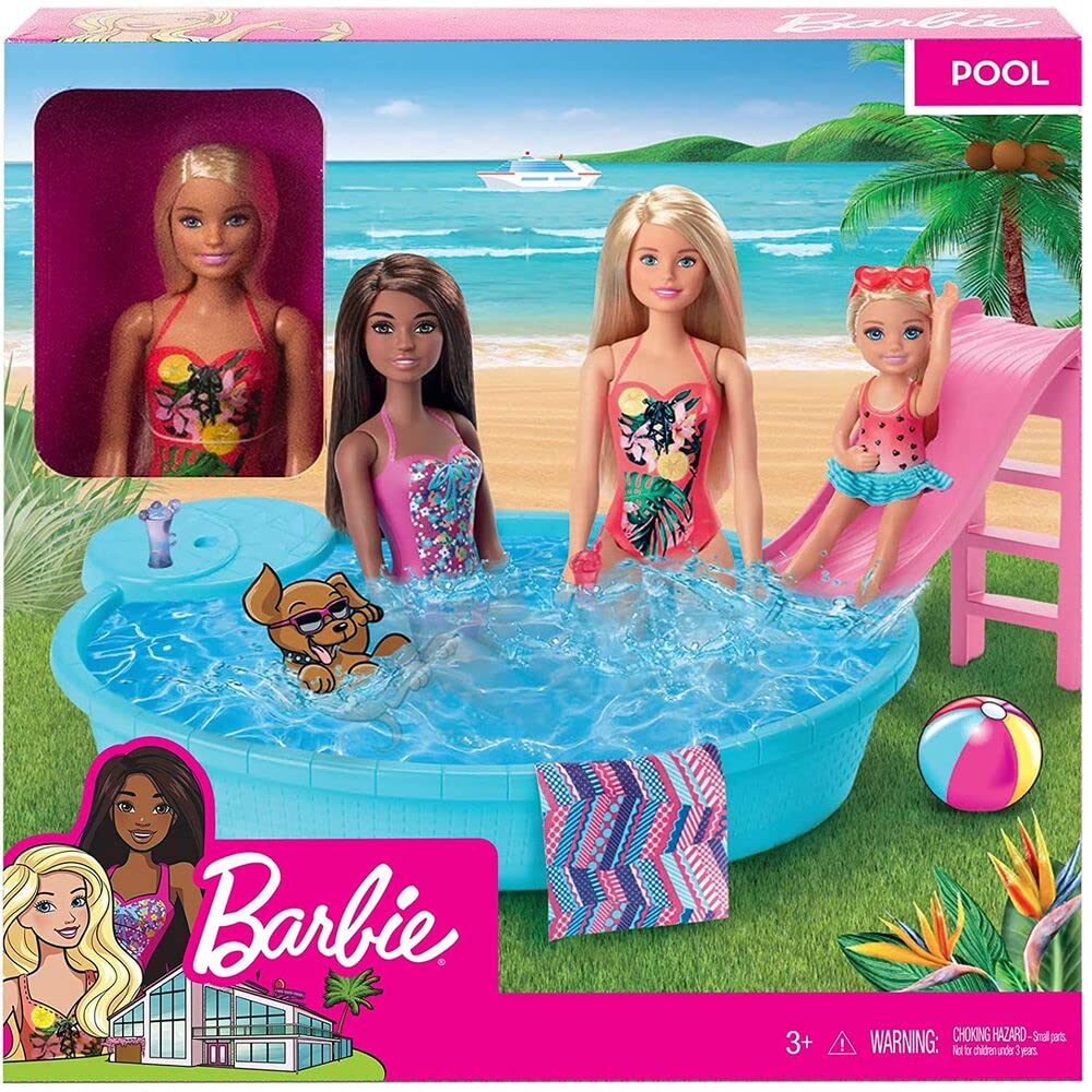 Barbie Mobilier Coffret poupée blonde en maillot de bain et sa piscine, avec toboggan, serviette et verres de cocktail, jouet pour enfant, GHL91