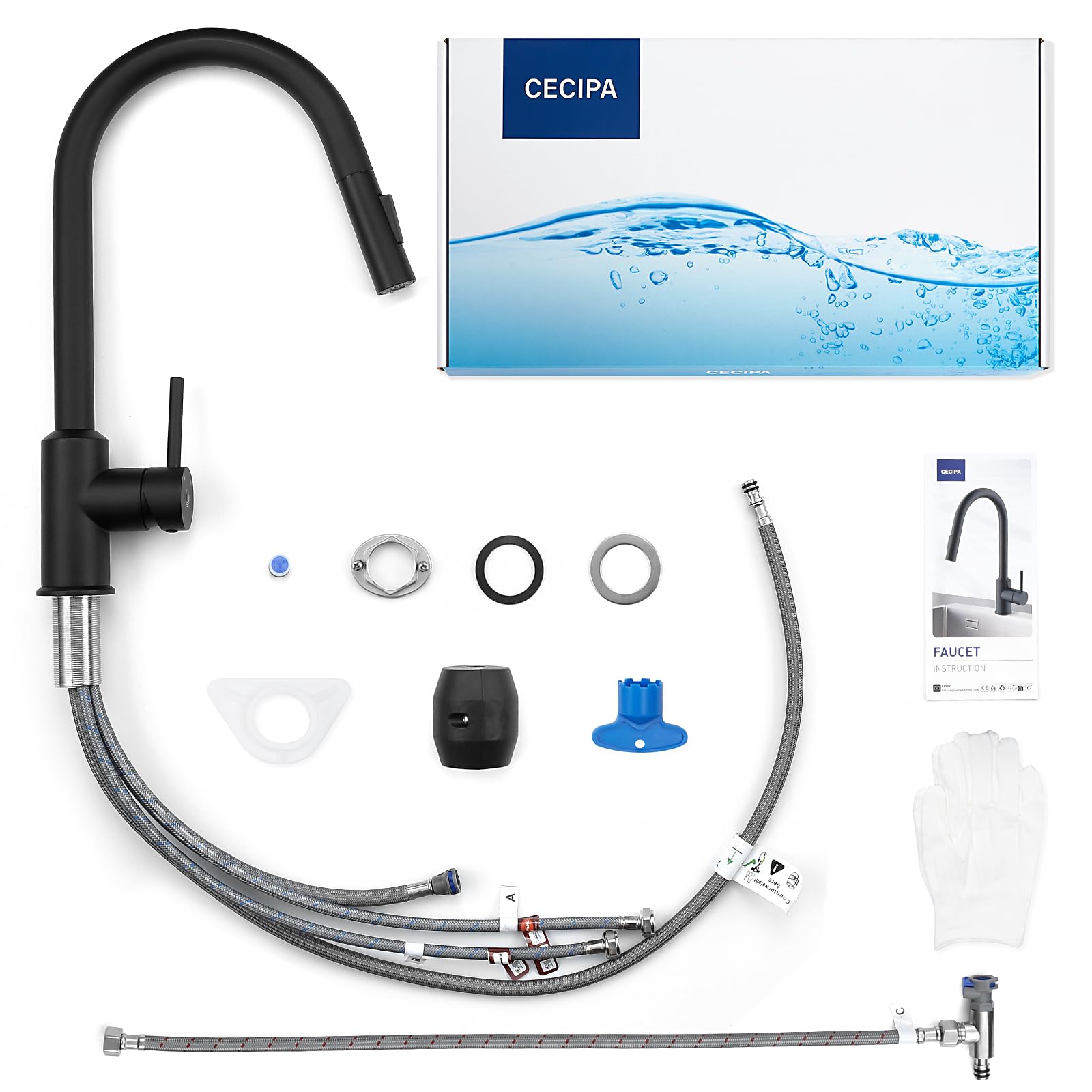 CECIPA Niederdruck Armatur Küche Schwarz, Wasserhahn Küche 3 Anschlüsse mit Hohem Bogen, 360°Schwenkbar küchenarmatur niederdruck ausziehbar,G3/8 Anschluss,niederdruckarmatur Schwarz | 3 Anschlüsse, ausziehbare Brause, hoher Bogen, 360 Grad schwenkbar, G3