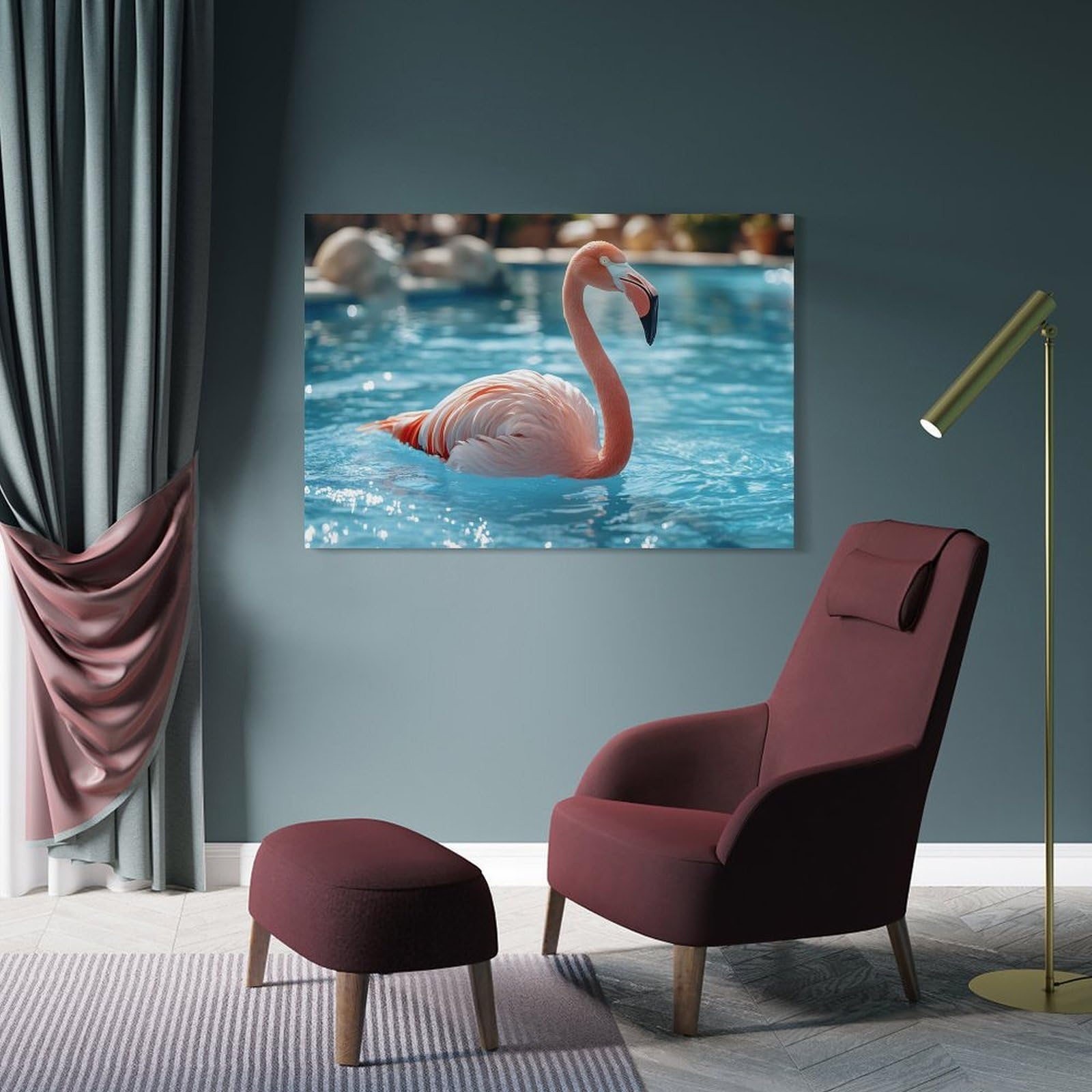 Junmoney Frame-Style-20 Home Decor Wall Art Flamingo In Blue Water, 16X24inch(40X60cm), For Bedroom Decor, Cosy Corners Or Studios, Decorative Wall Art For Cosy Rooms