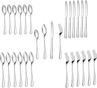 ANH MART Silver Spoon Set Premium Stainless Steel Flatware Set Mirror Polished Cutlery Utensil Set Durable Home Kitchen Eating Tableware Set,Include Fork Knife Spoon Set (Silver Spoon 28)
